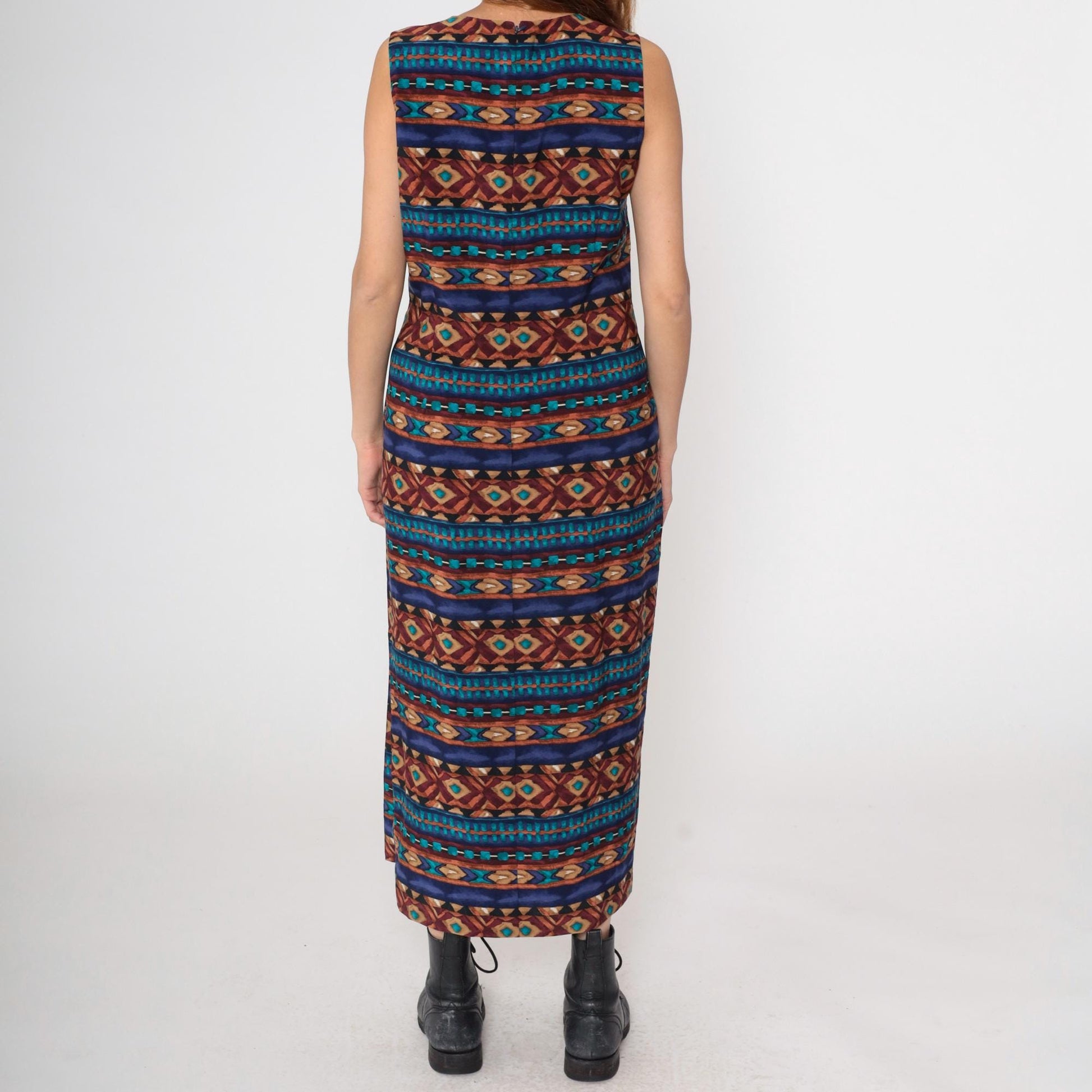 90s J Stevens Southwestern Geometric Maxi Dress Navy Sleeveless Medium M