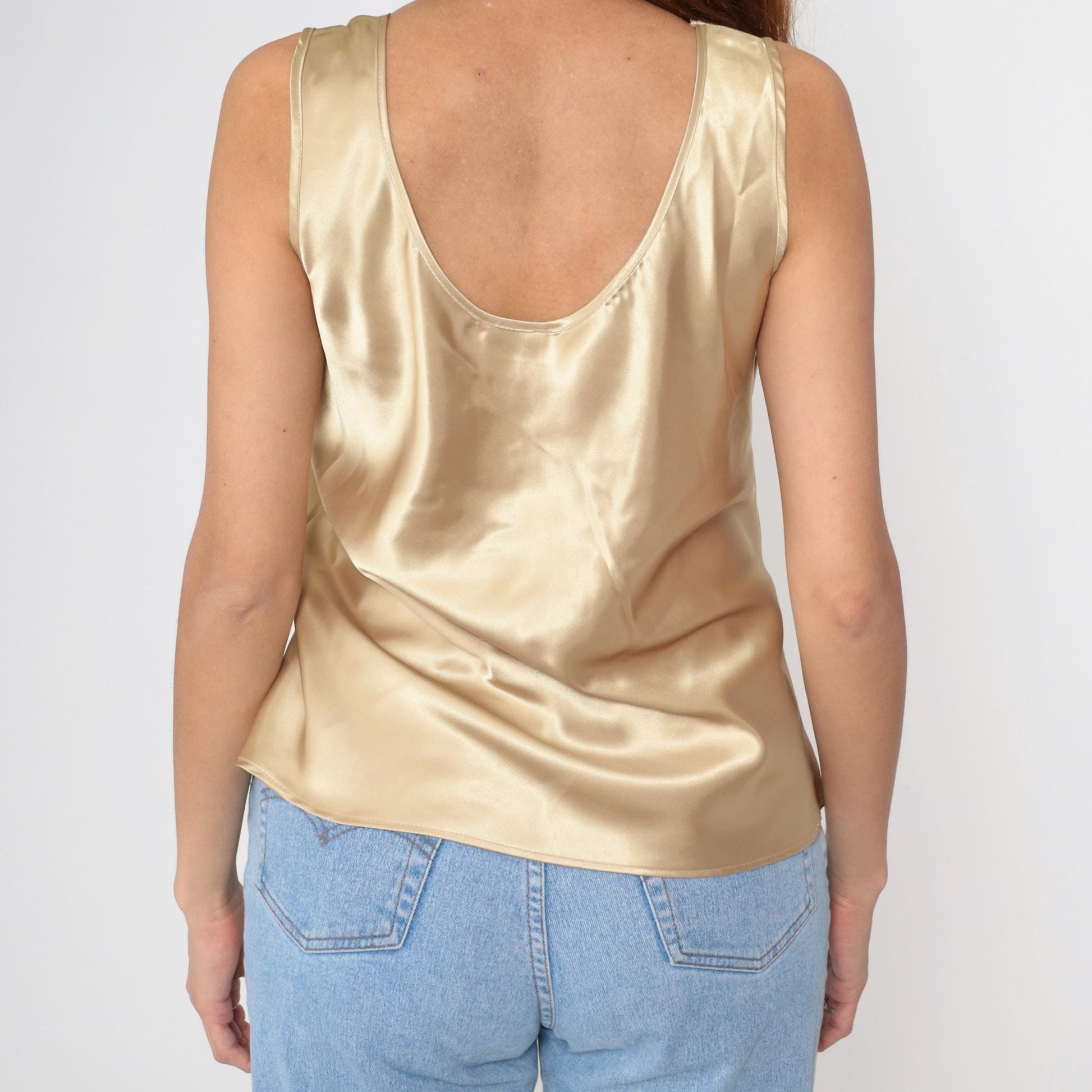 90s Gold Satin Cami Tank Top Sleeveless Blouse Large L