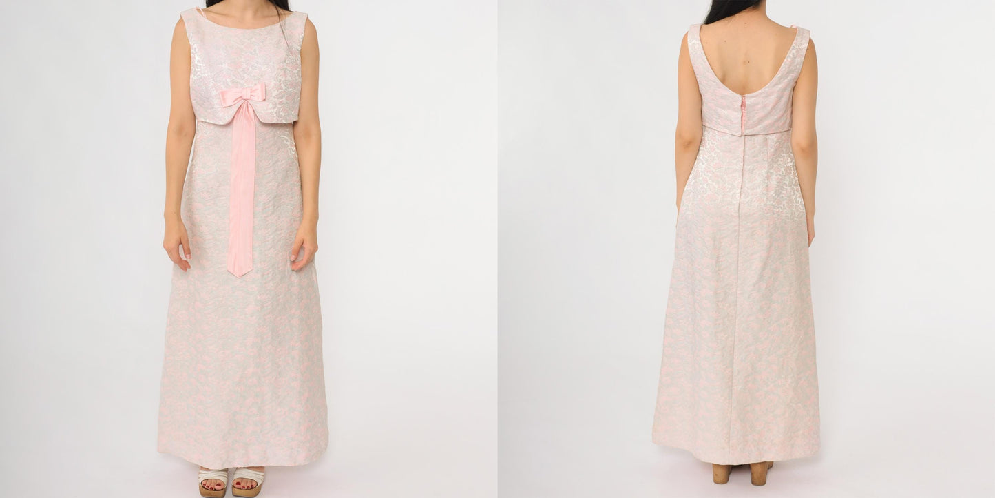 60s Pink Floral Maxi Dress Empire Waist Bow Tie Sleeveless Small