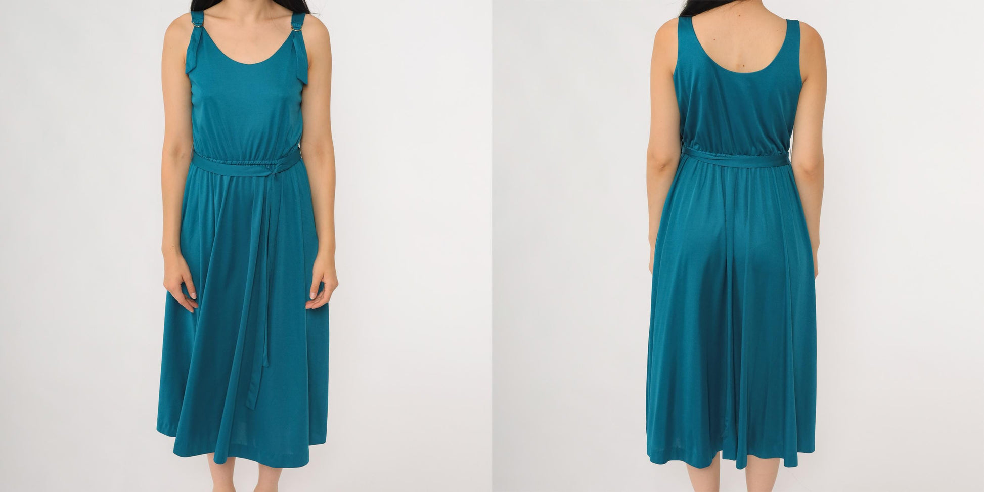 70s Lanz Teal Midi Dress Sleeveless A-Line Belted Small