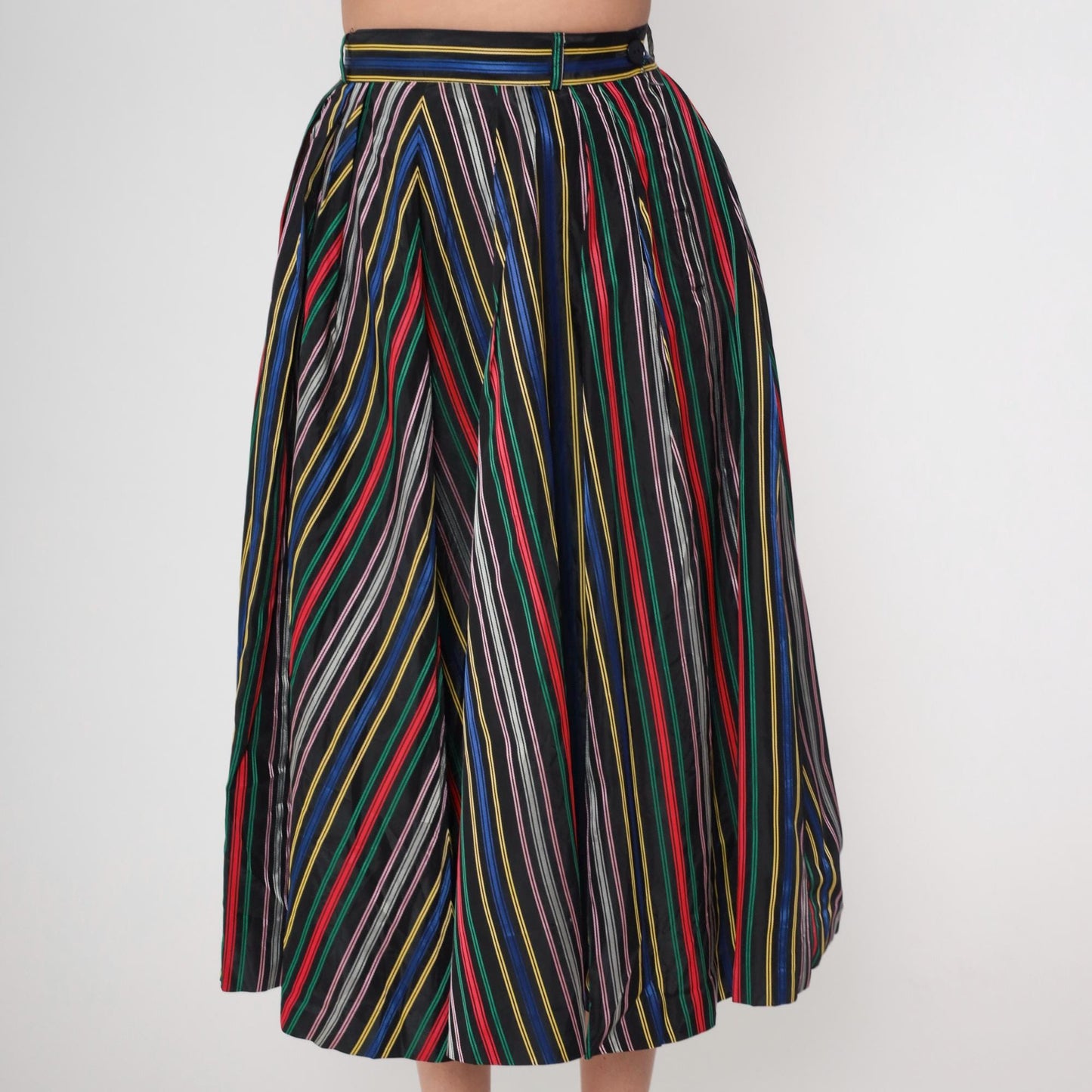 1950s Circle Skirt High Waist Tea Length Striped Rainbow Black Small