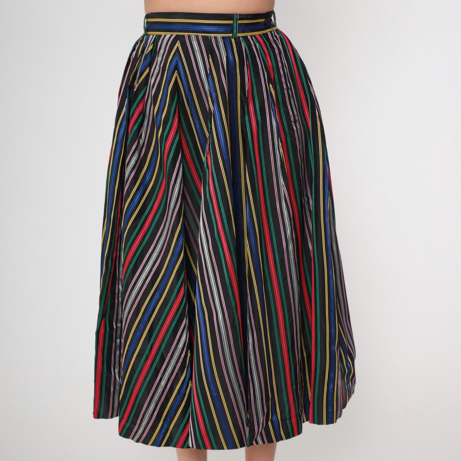 1950s Circle Skirt High Waist Tea Length Striped Rainbow Black Small