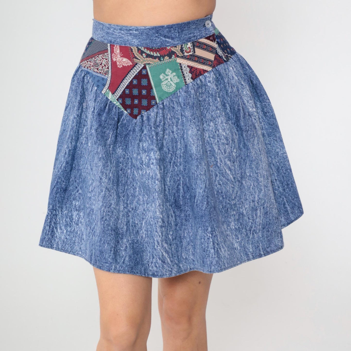 80s Acid Wash Denim Mini Skirt Patchwork High Waisted Circle Small S
