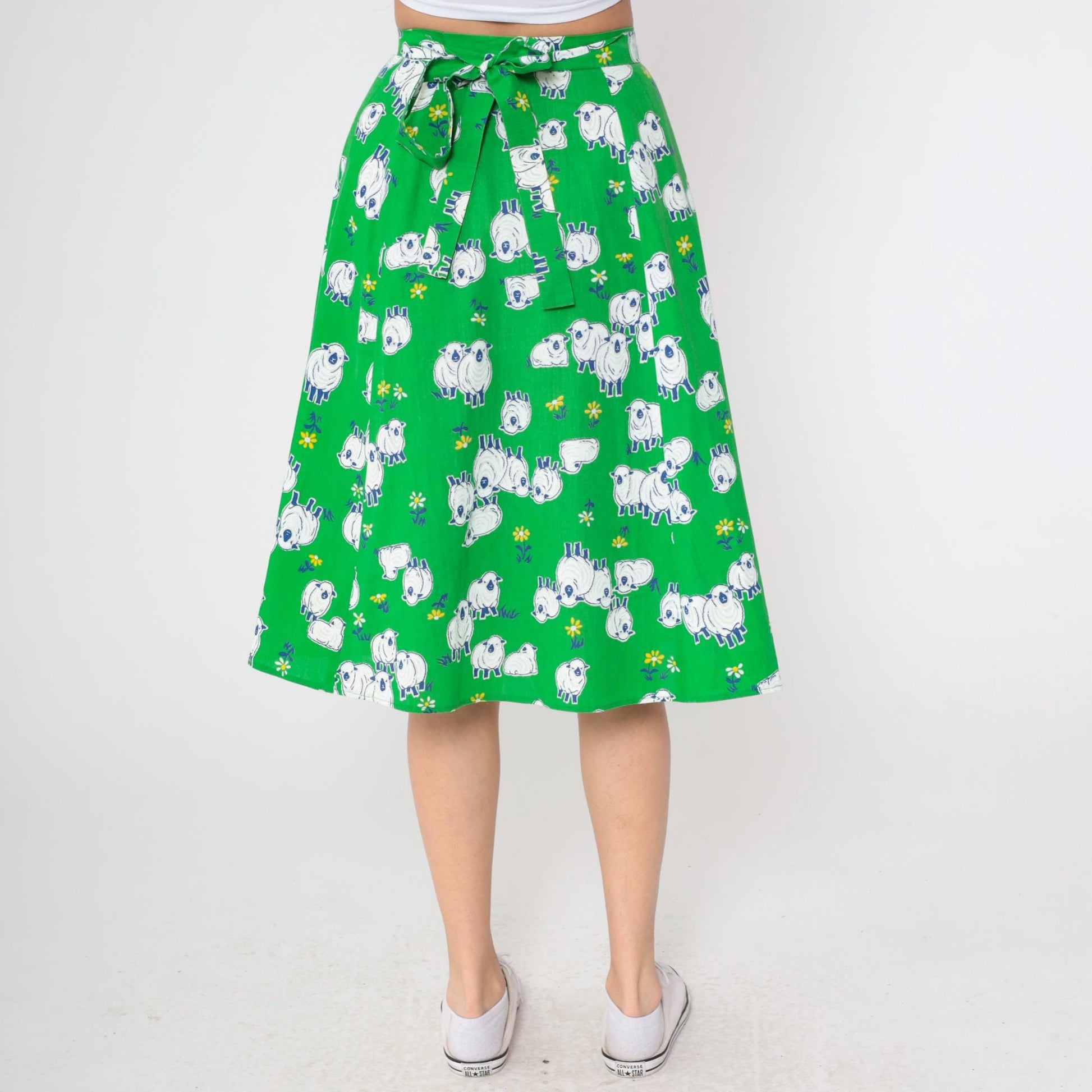 70s Sheep Print Midi Skirt Green A-Line Wrap Cotton Small Medium