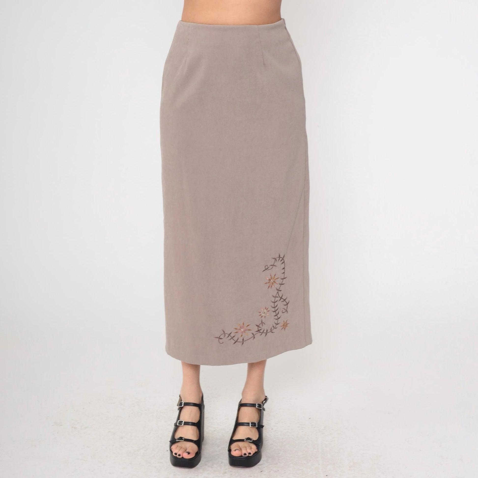 90s Taupe Floral Embroidered Maxi Skirt High Waist Column Medium
