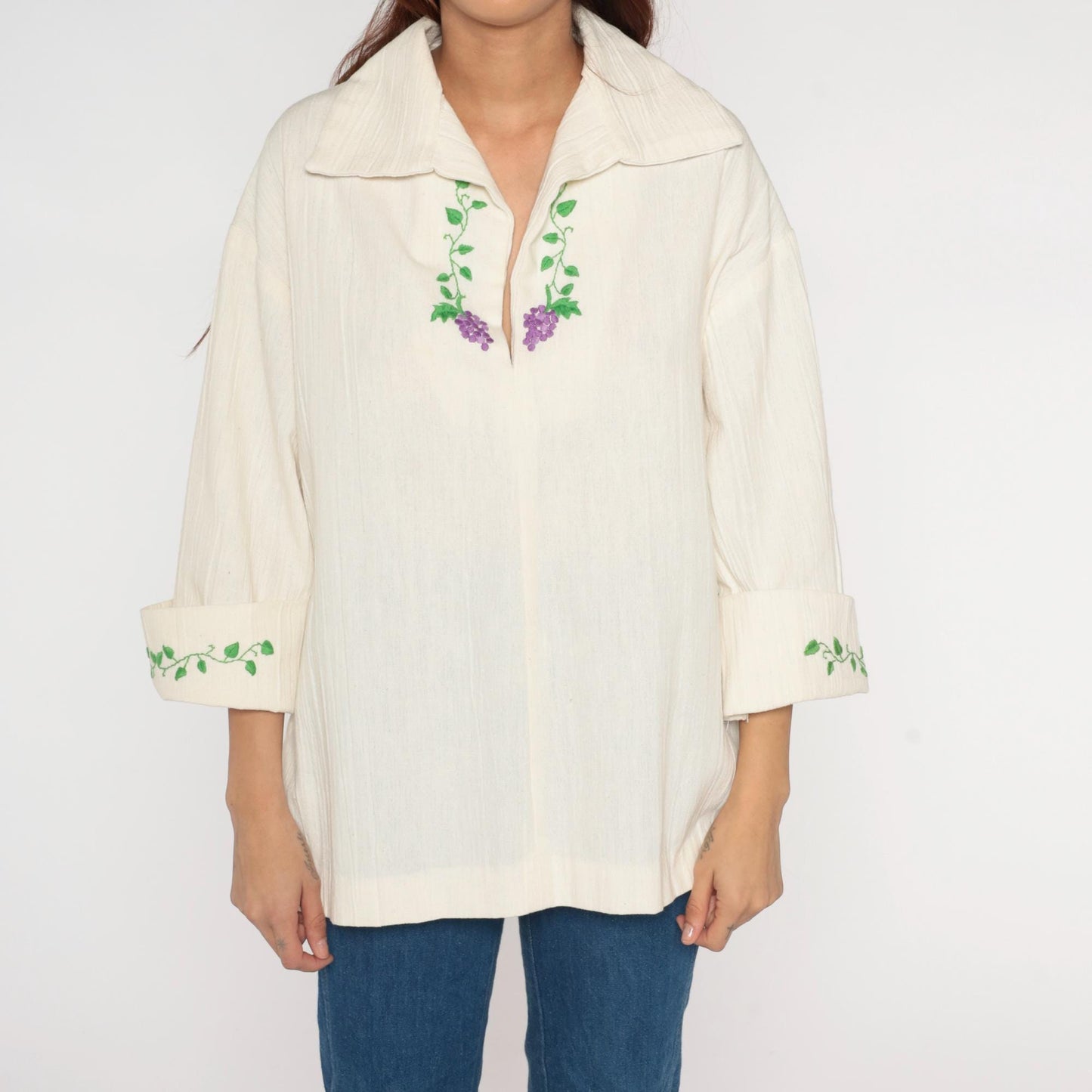 70s Cream Peasant Blouse Purple Grape Embroidery Bell Sleeves Large L