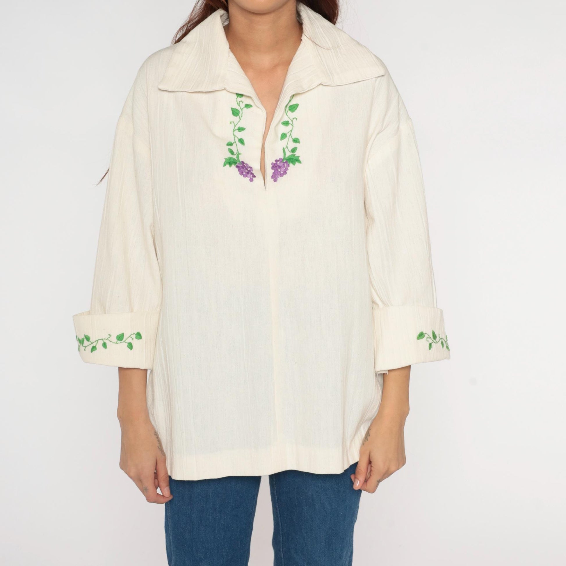 70s Cream Peasant Blouse Purple Grape Embroidery Bell Sleeves Large L