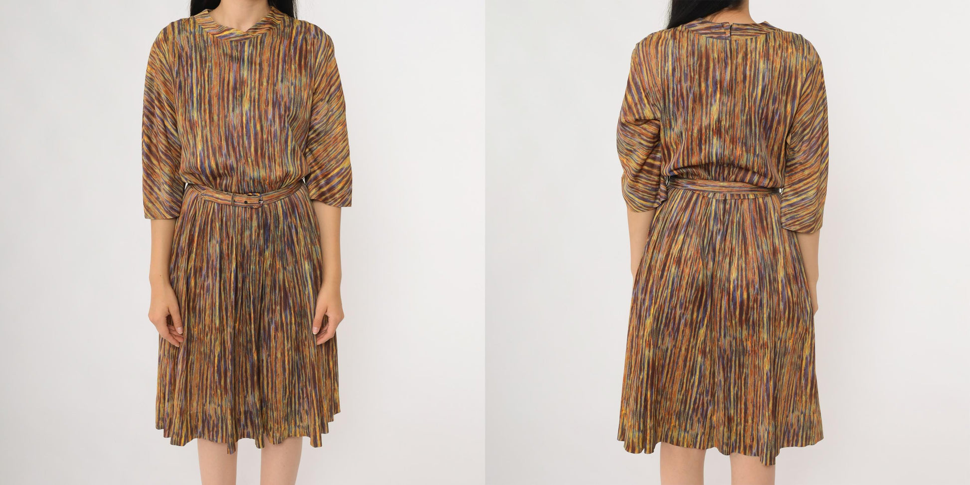 60s Nelly Don Abstract Stripe Midi Dress Rainbow V-Neck A-Line Medium