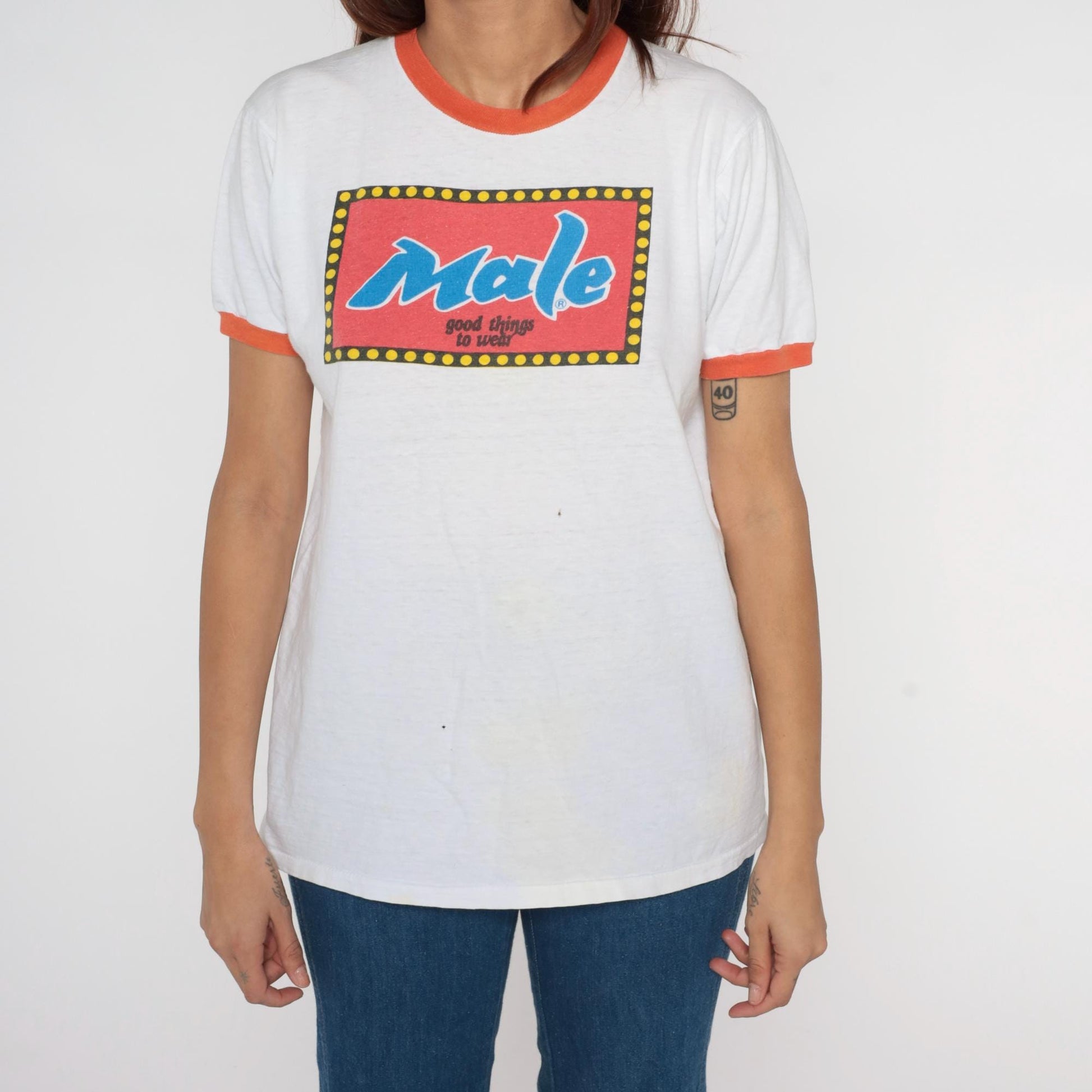 70s Male Jeans Ringer T-Shirt White Orange Trim Pinup Graphic Medium