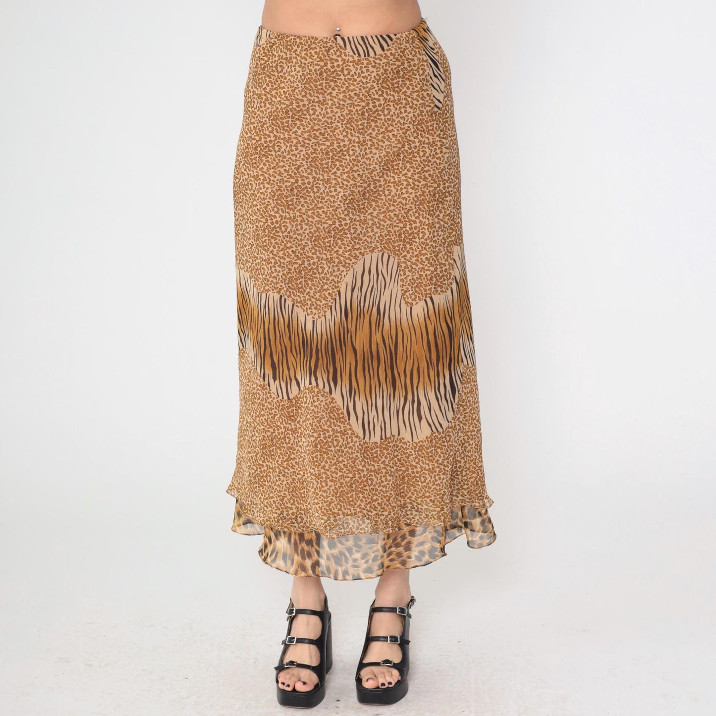 Y2K Mixed Animal Print Midi Skirt Leopard Zebra Cheetah Tiered Ruffle Medium