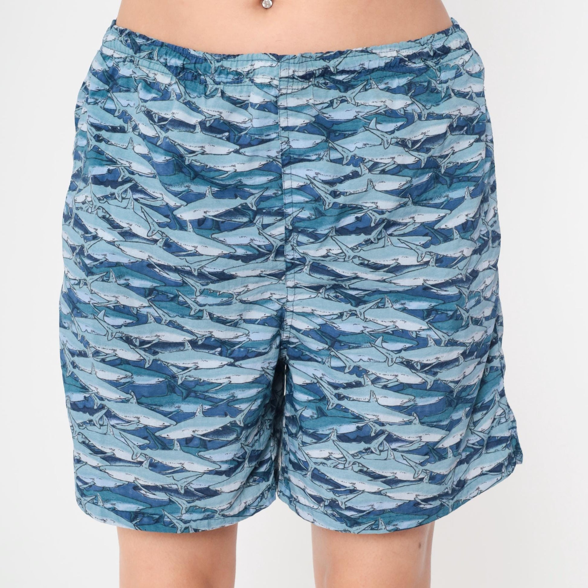 Y2K Shark Print Swim Trunks Ocean Blue Mesh Lined Board Shorts Medium M