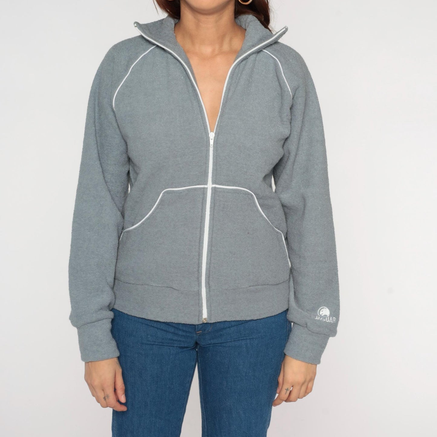 80s Jaguar Grey Zip-Up Sweatshirt White Piping Collar Small S