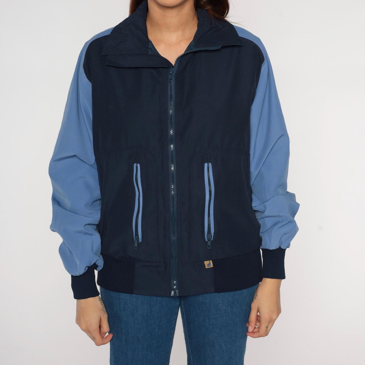 80s Navy Light Blue Colorblock Windbreaker Zip Jacket Medium M
