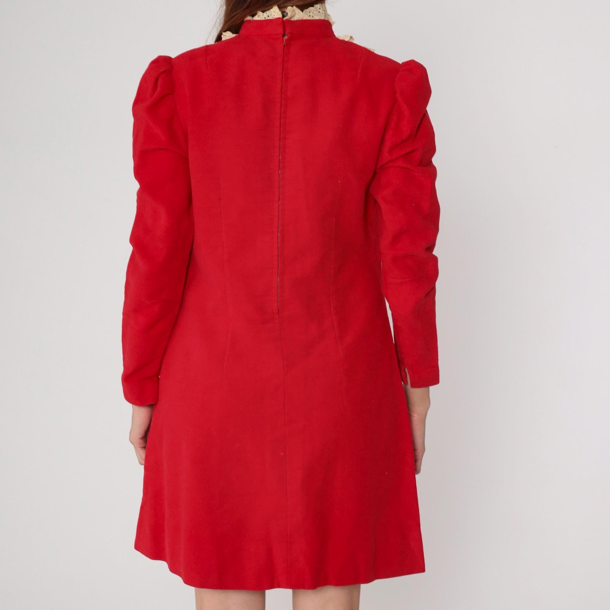 1960s Red Velour Mini Dress Eyelet Lace Puff Sleeve Small