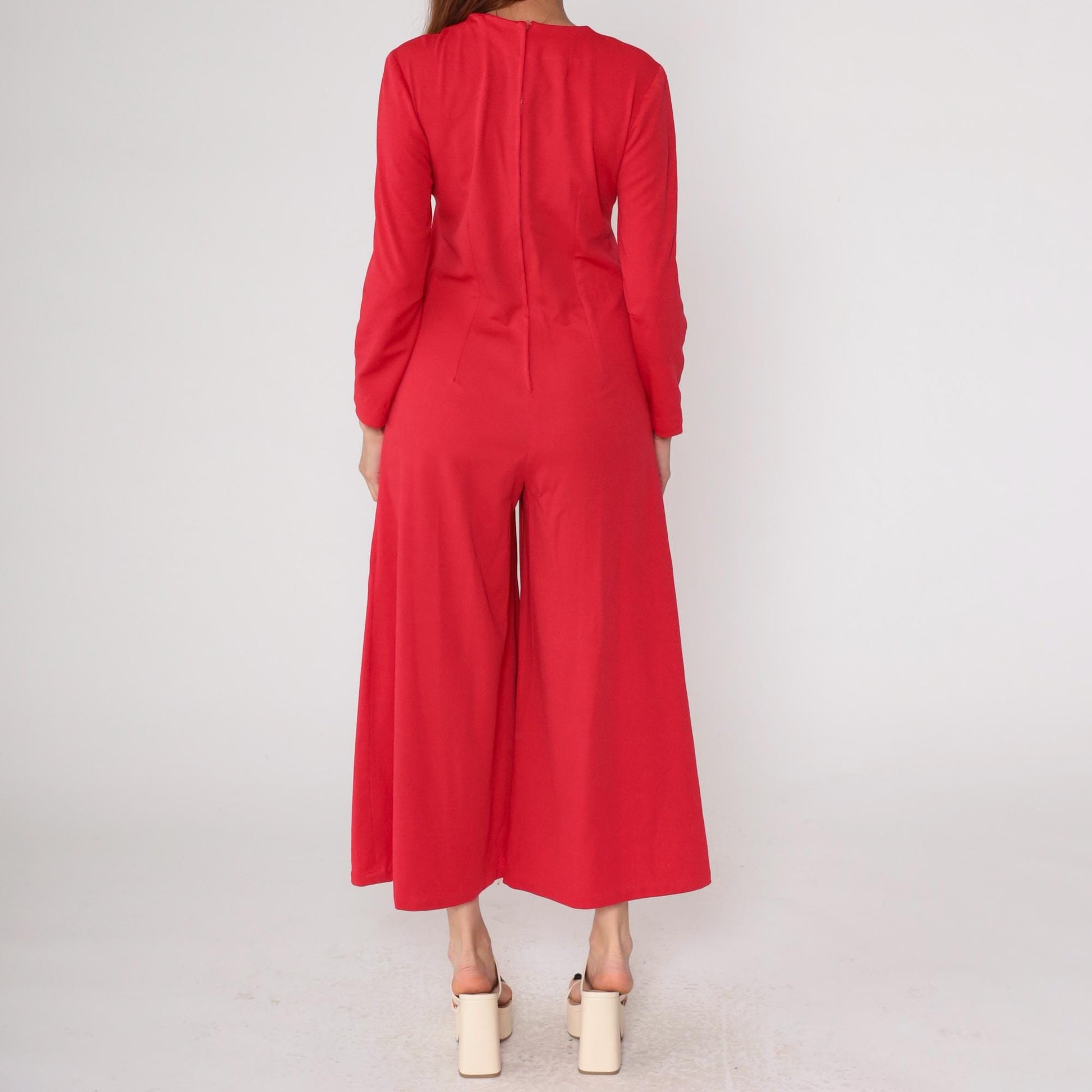 70s Red Jumpsuit Rose Embroidered Wide Leg V-Neck Long Sleeve Medium