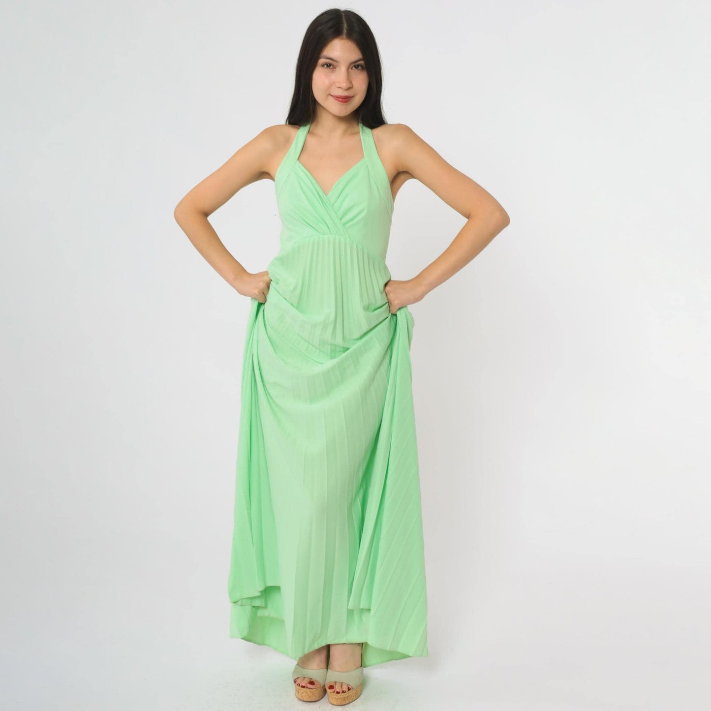 70s Lime Green Halter Maxi Dress Pleated V-Neck Floor-Length Small