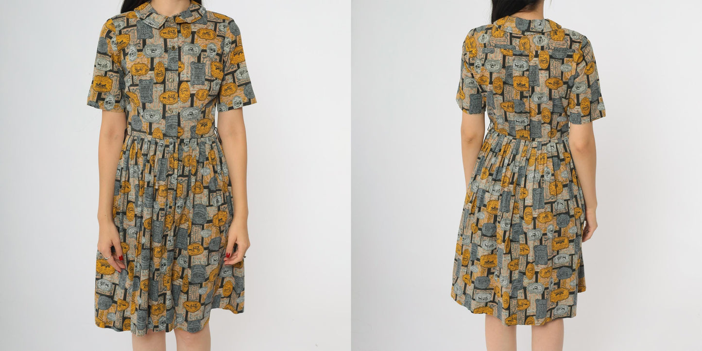 60s Novelty Advertisement Print Dress Yellow Grey Collar Button Front Knee Length Extra Small XS