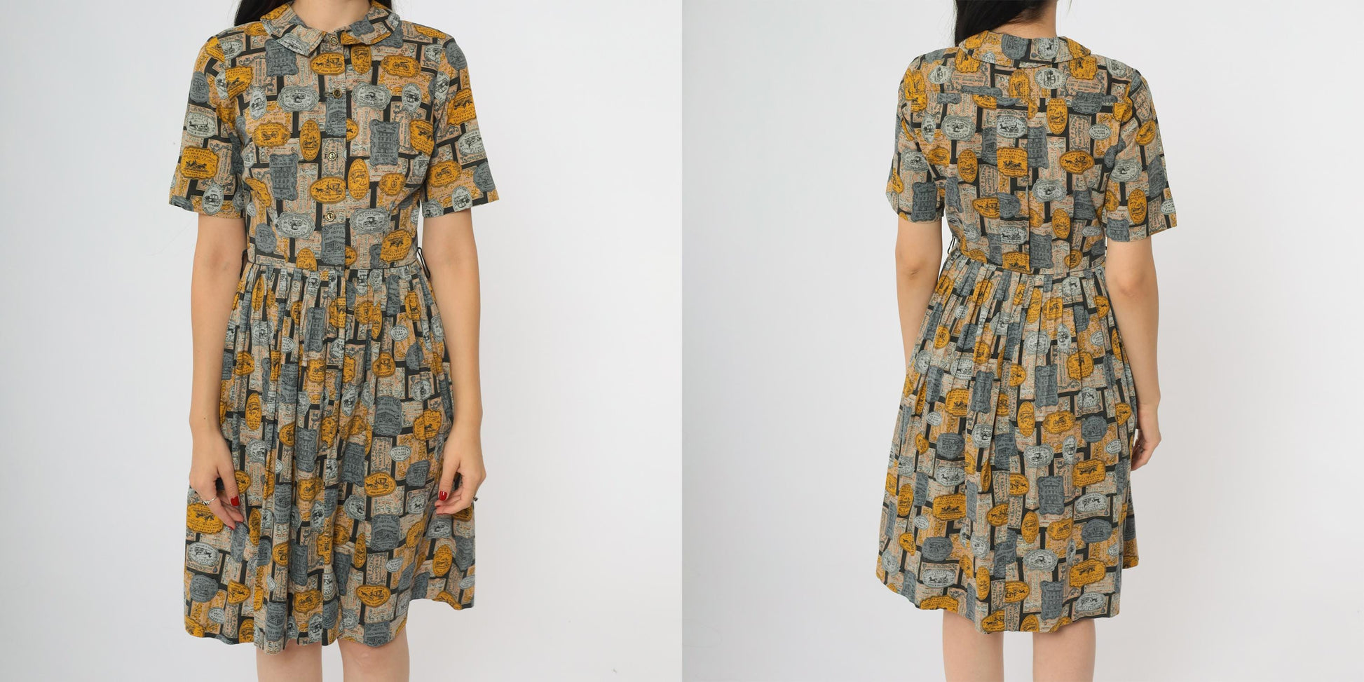 60s Novelty Advertisement Print Dress Yellow Grey Collar Button Front Knee Length Extra Small XS