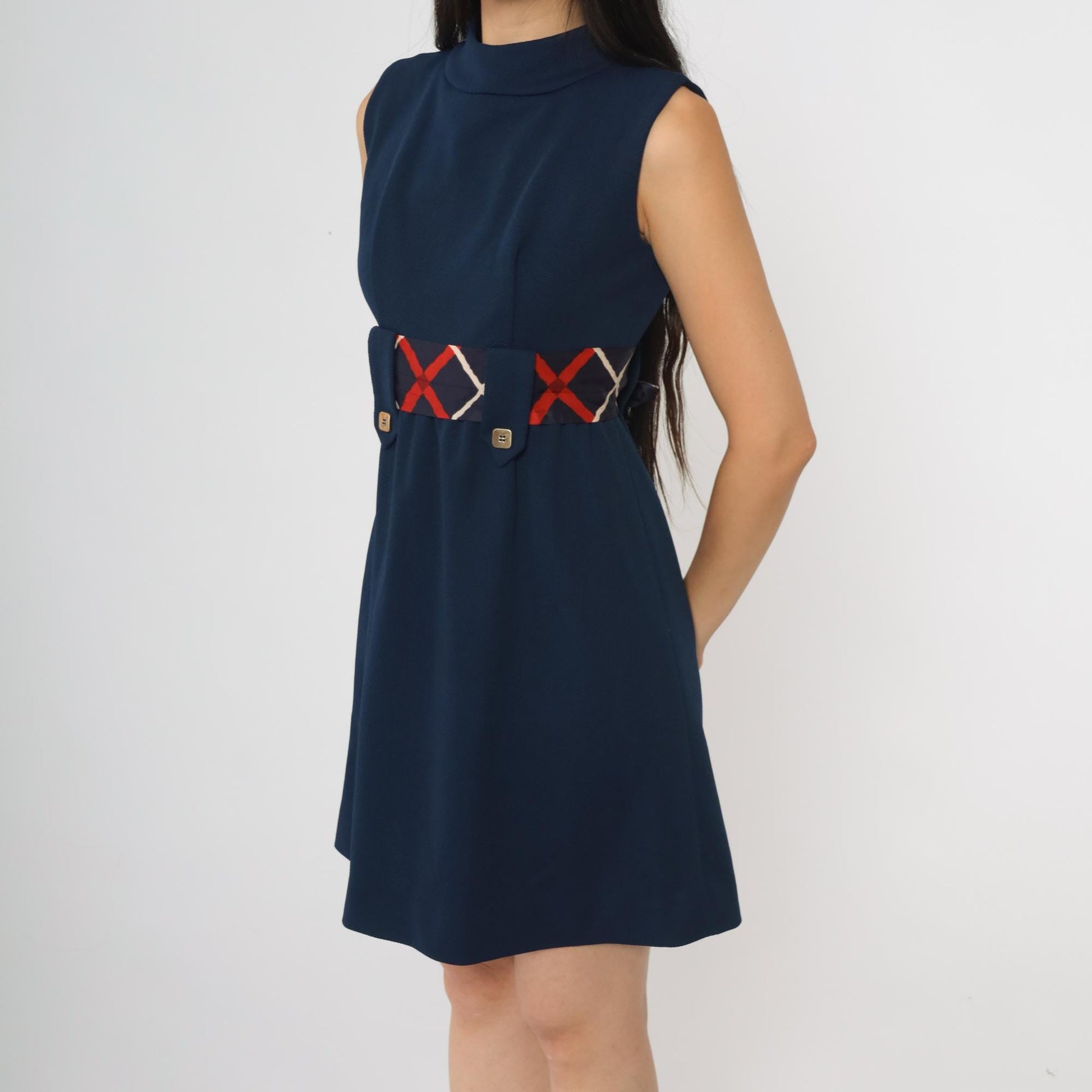 60s Navy Mock Neck Mini Dress Geometric Belt A-Line Sleeveless Extra Small