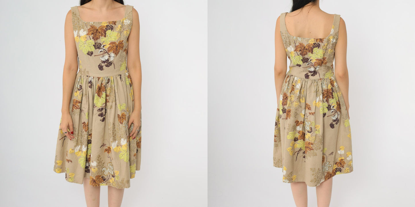 60s Leaf Print Dress Tan Brown Square Neck A-Line Cotton Small