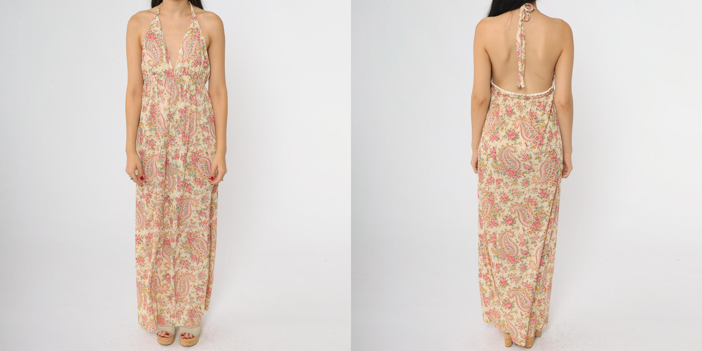 70s Pink Yellow Paisley Halter Maxi Dress Empire Waist Open Back Medium