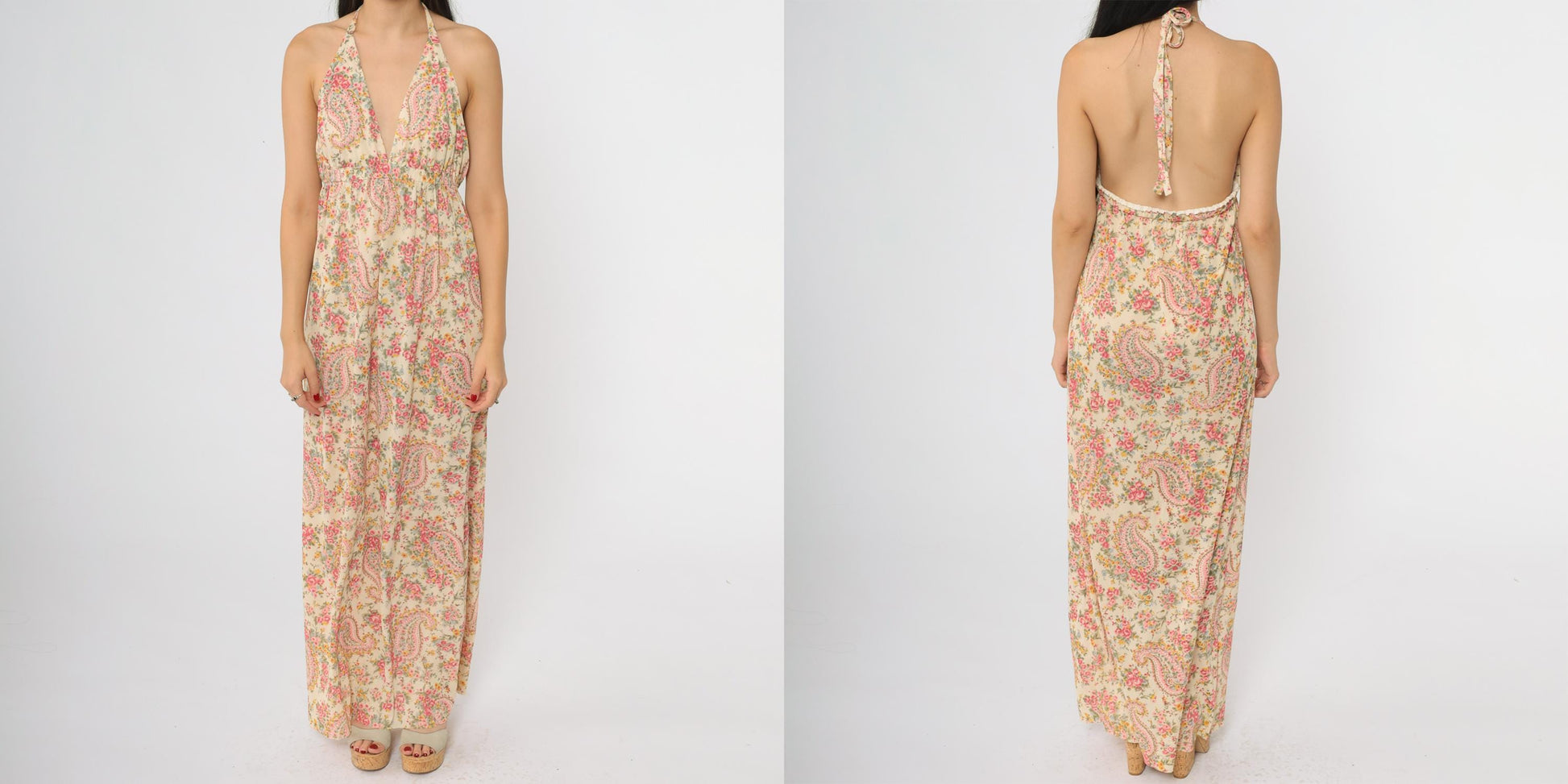 70s Pink Yellow Paisley Halter Maxi Dress Empire Waist Open Back Medium