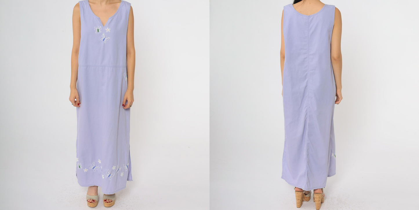 90s Mandal Bay Lavender Maxi Dress Butterfly Embroidery Sleeveless Medium M