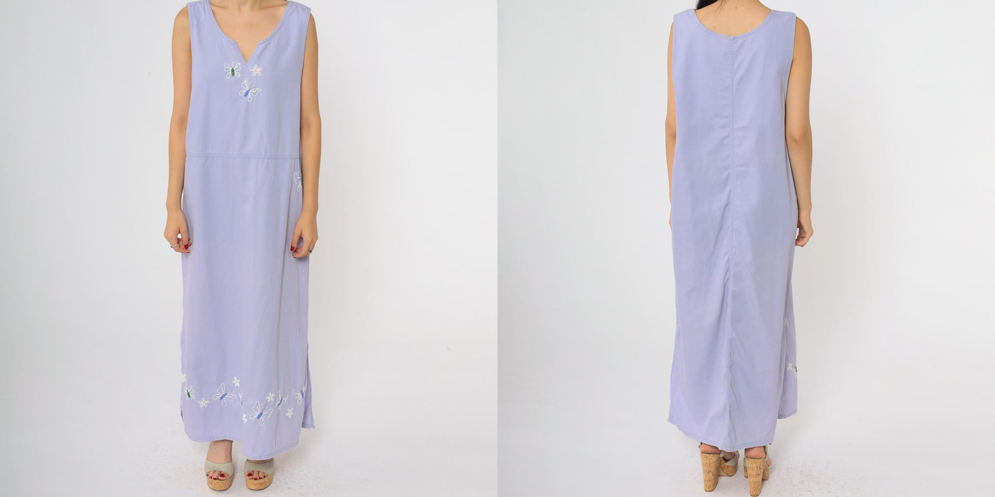 90s Mandal Bay Lavender Maxi Dress Butterfly Embroidery Sleeveless Medium M