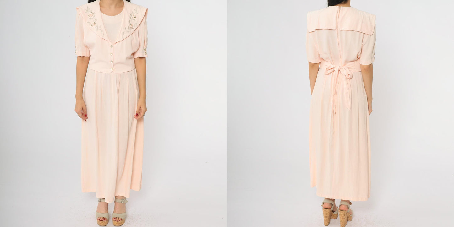 90s JBS LTD Rose Embroidered Maxi Dress Blush Pink Puff Sleeve Large