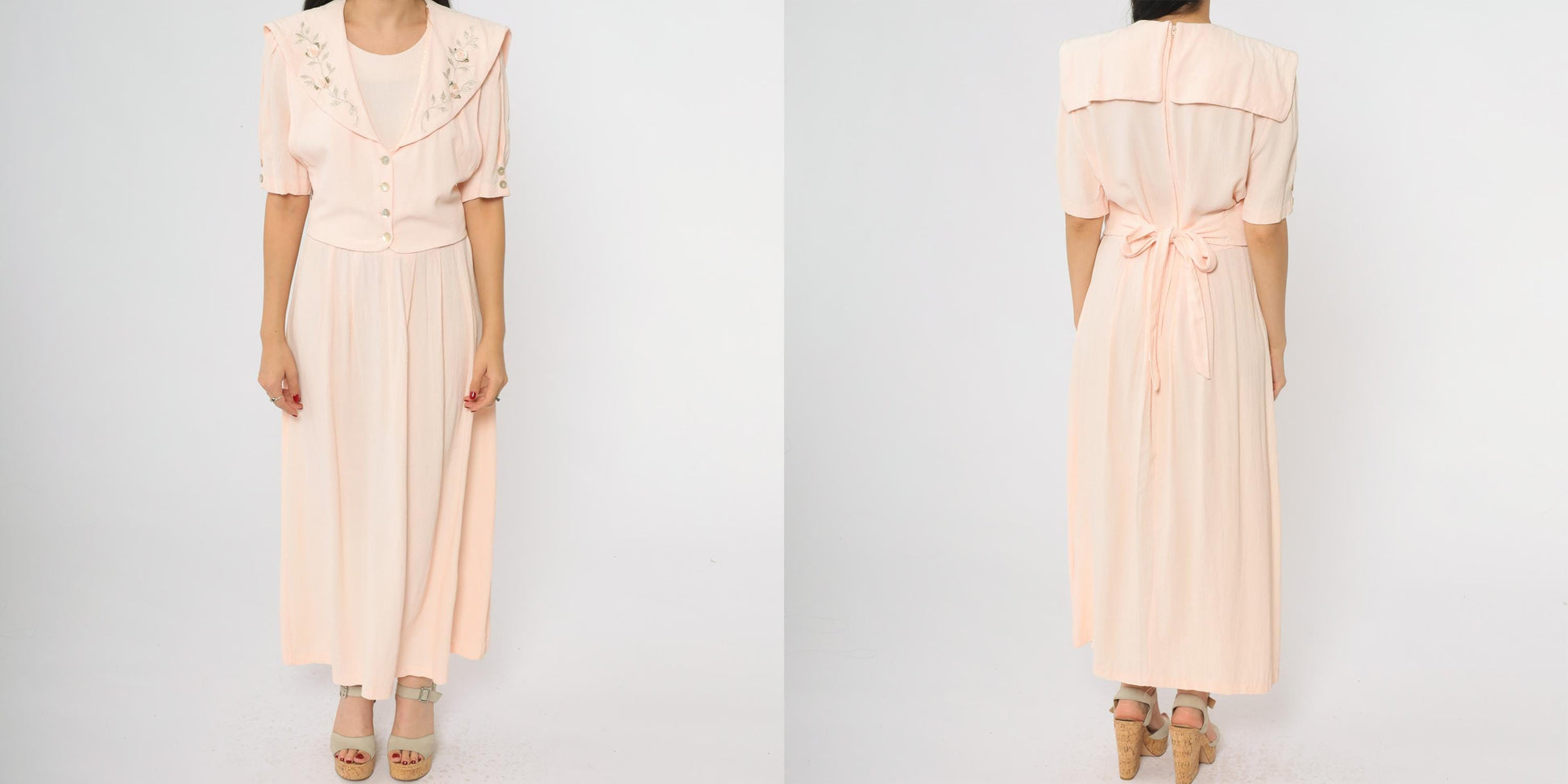 90s JBS LTD Rose Embroidered Maxi Dress Blush Pink Puff Sleeve Large