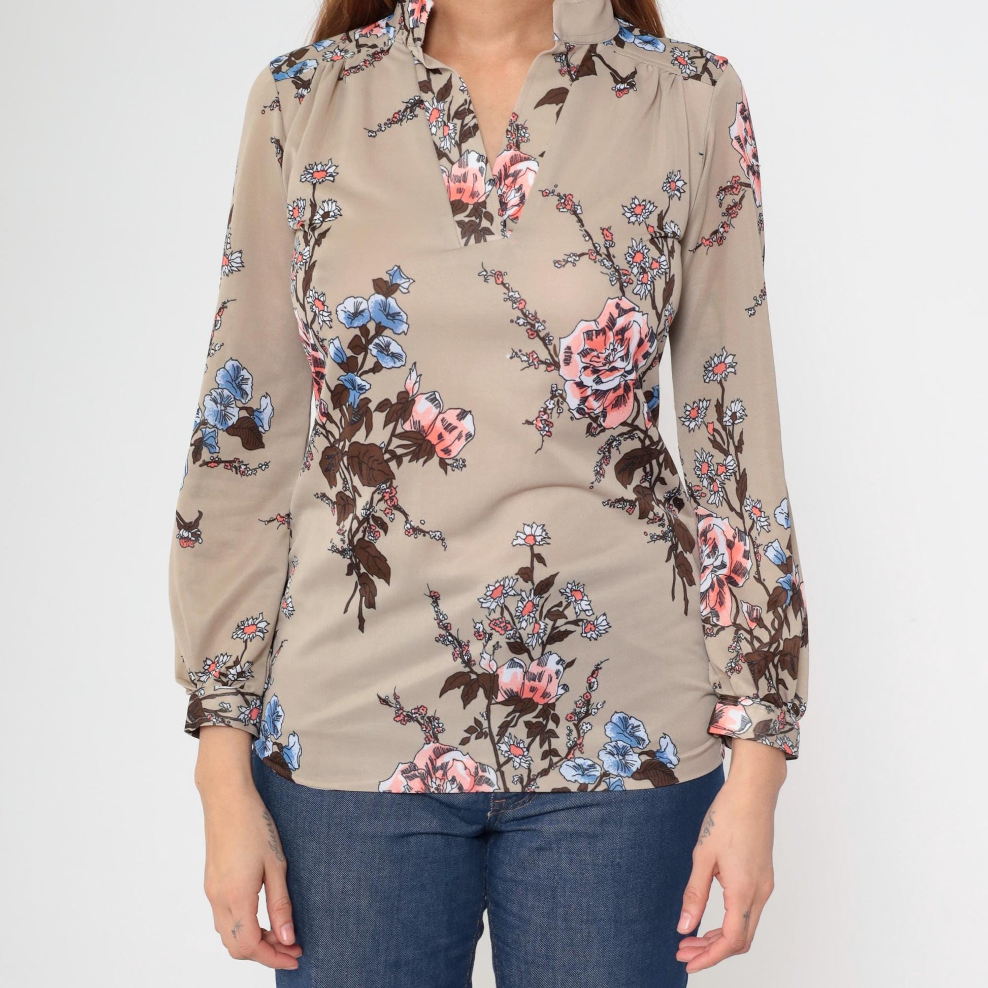 70s Botanical Rose Print Pullover Blouse Long Sleeve Pink Blue Tan Medium M