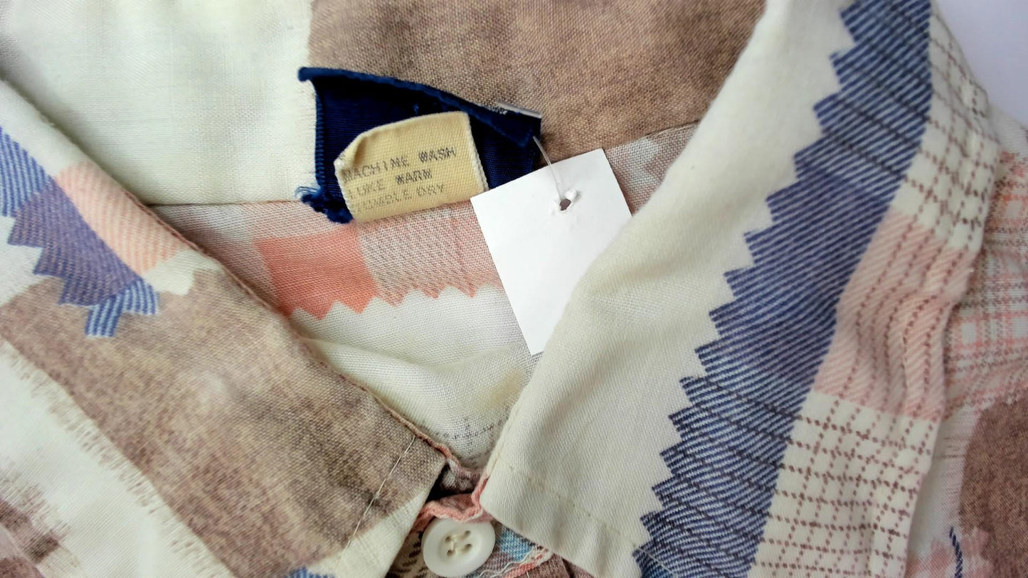 70s Patchwork Button Up Shirt Fabric Swatch Quilt Print Coral Blue Brown Large