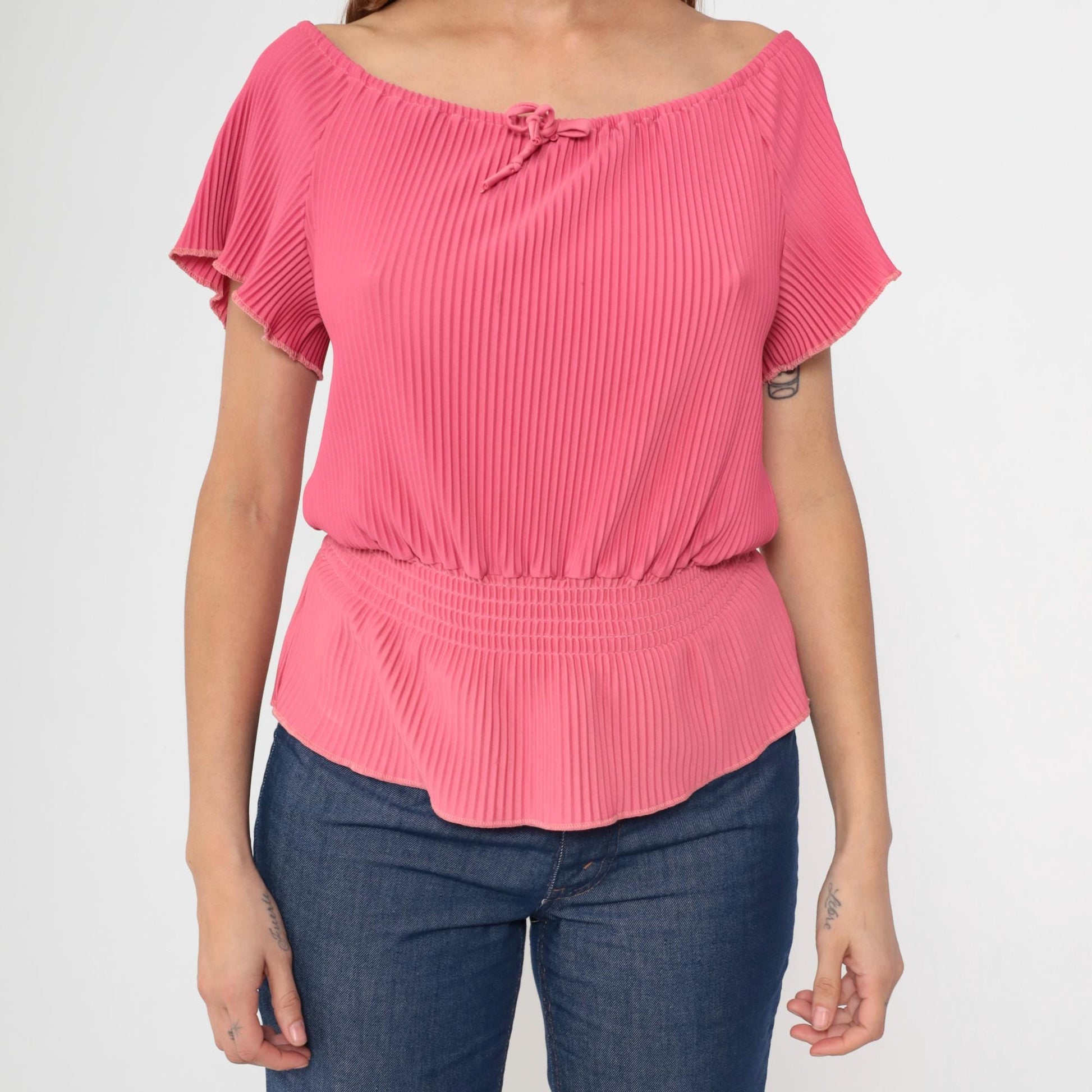 70s Coral Pink Off-Shoulder Blouse Flutter Sleeve Tie Front Medium
