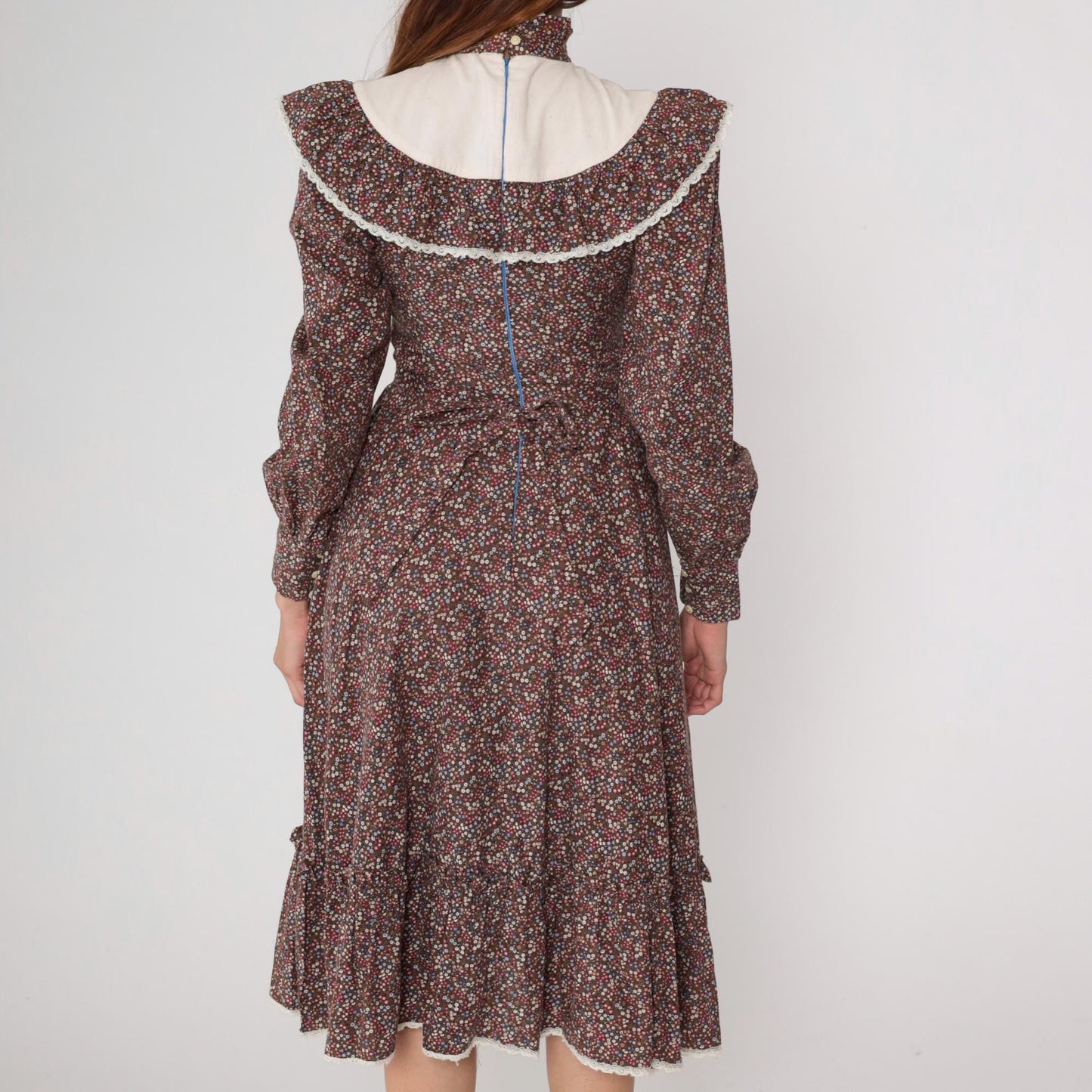 70s Gunne Sax Prairie Dress Brown Floral Cotton Midi Long Sleeve Small