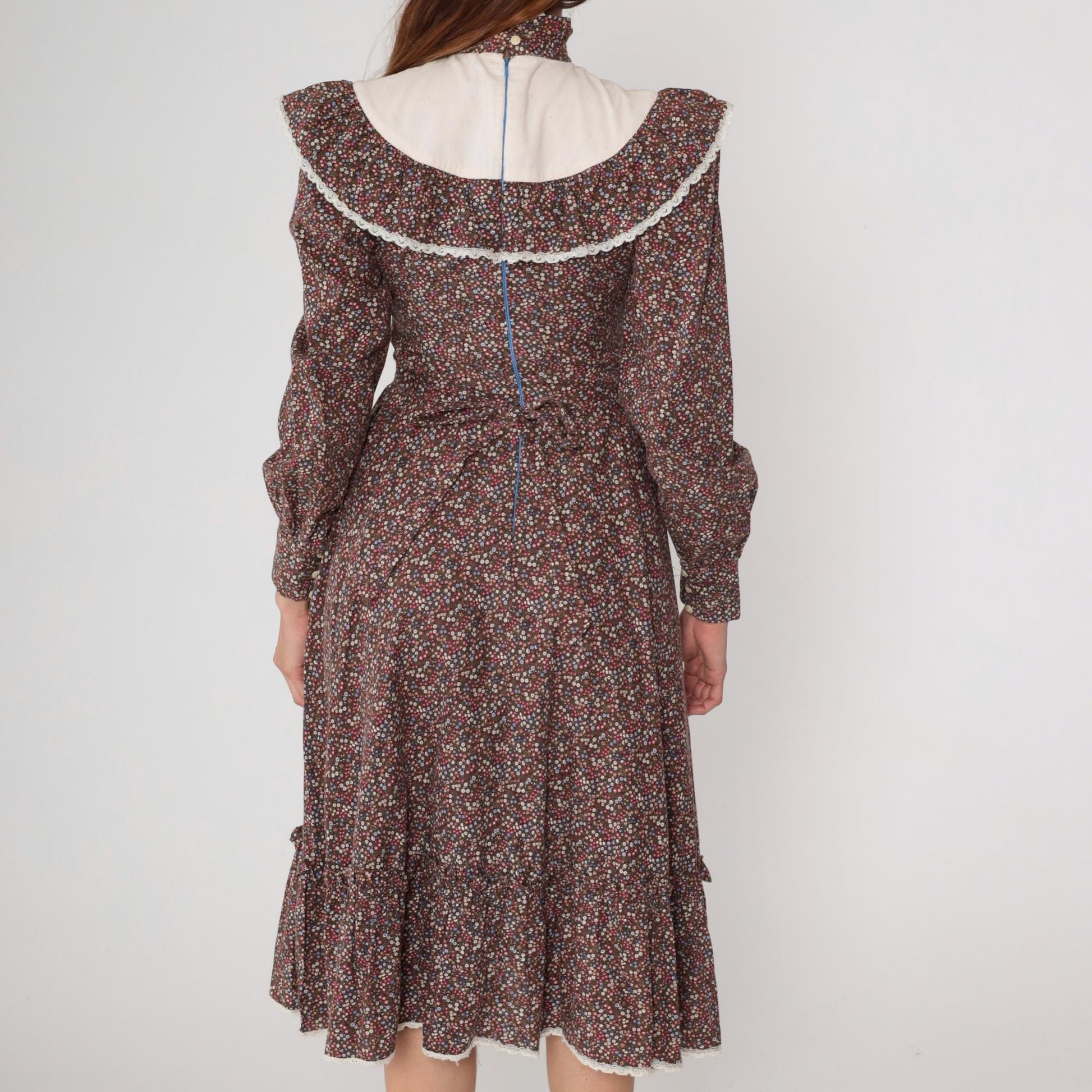 70s Gunne Sax Prairie Dress Brown Floral Cotton Midi Long Sleeve Small