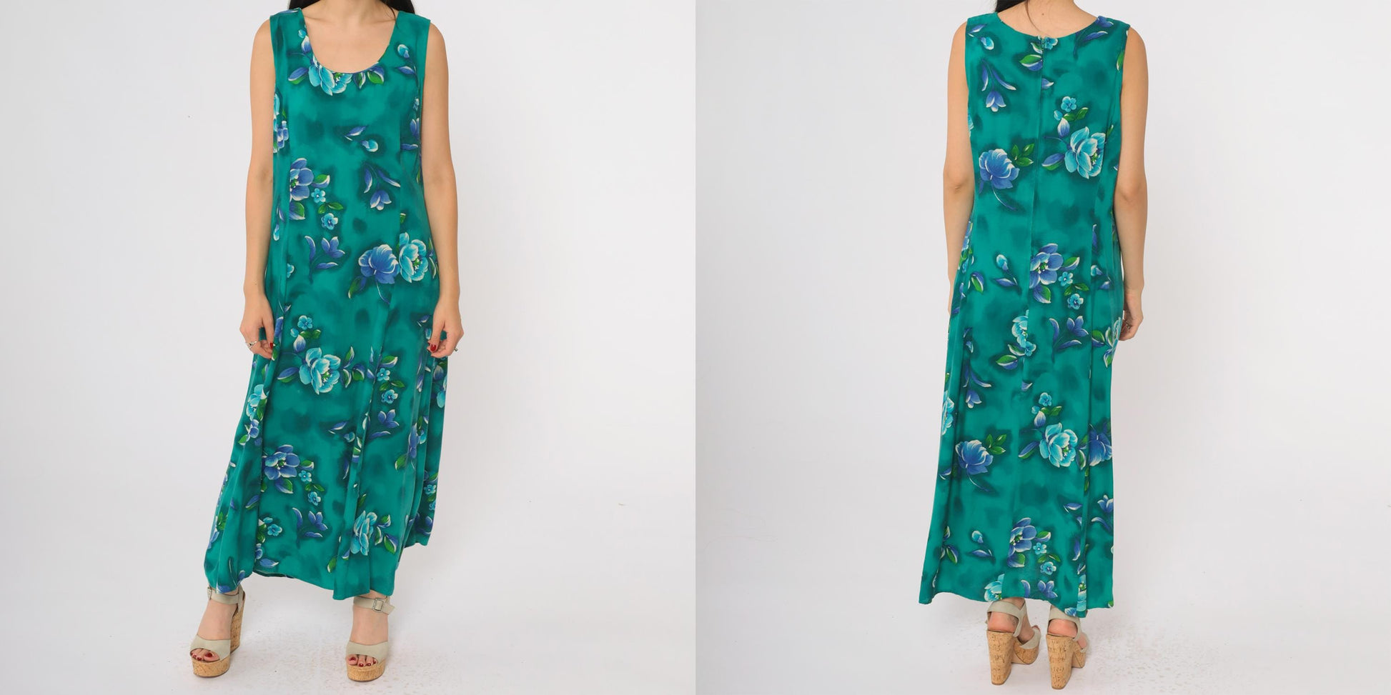 90s Emerald Green Floral Maxi Dress Sleeveless Scoop Neck Large