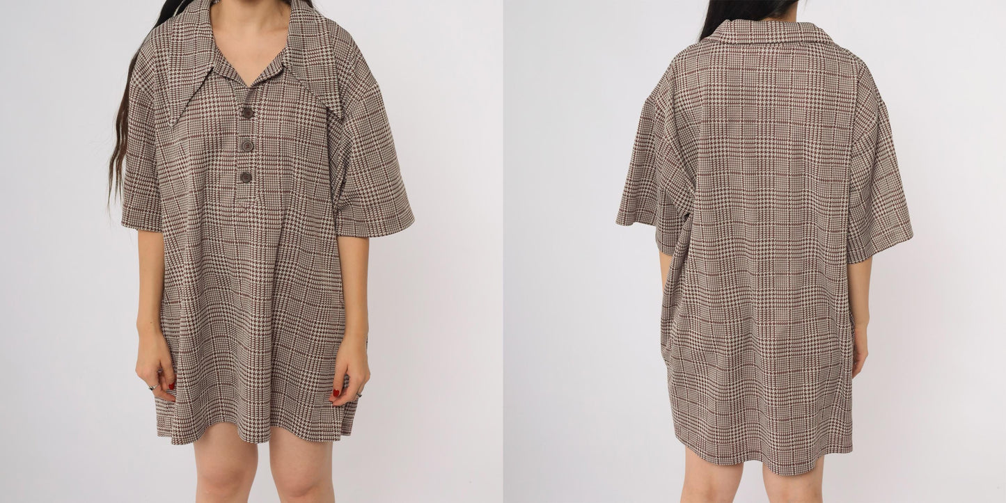 70s Houndstooth Glen Plaid Button Down Shirt Brown White Short Sleeve XXL