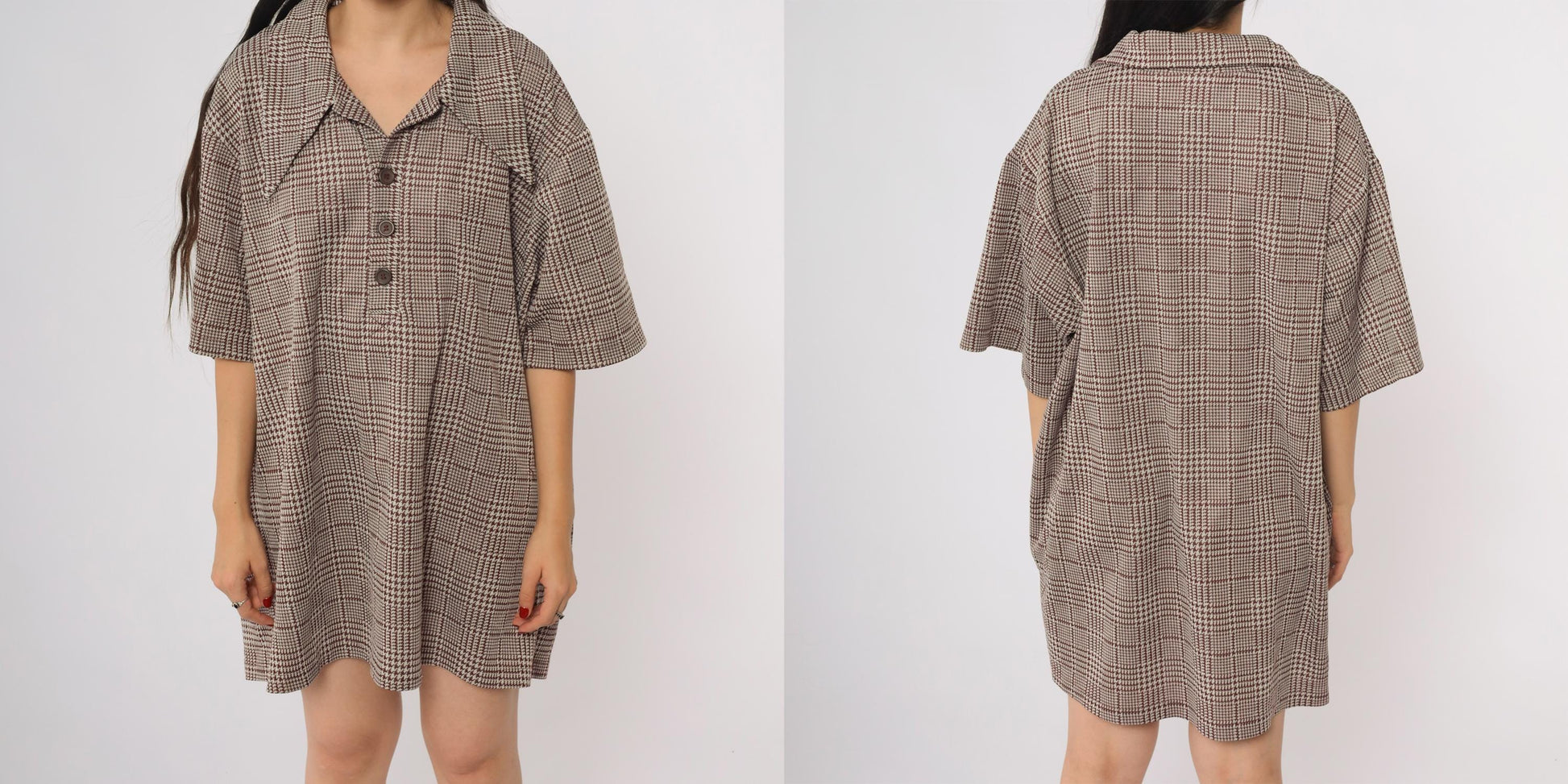 70s Houndstooth Glen Plaid Button Down Shirt Brown White Short Sleeve XXL