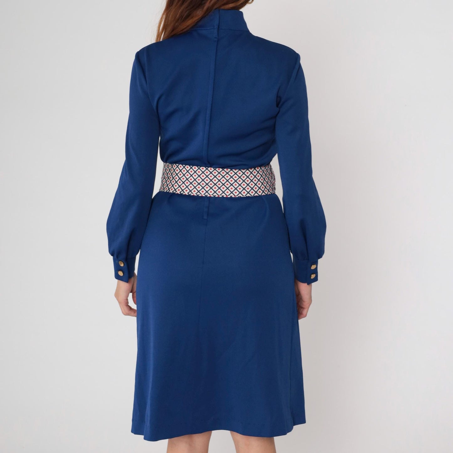 70s Navy Midi Dress Turtleneck Bishop Sleeve Western Yoke Heart Belt Medium