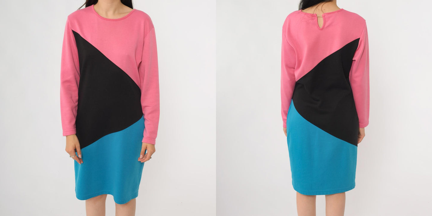 90s Gitano Colorblock Knit Dress Pink Black Blue Geometric Mini Small S