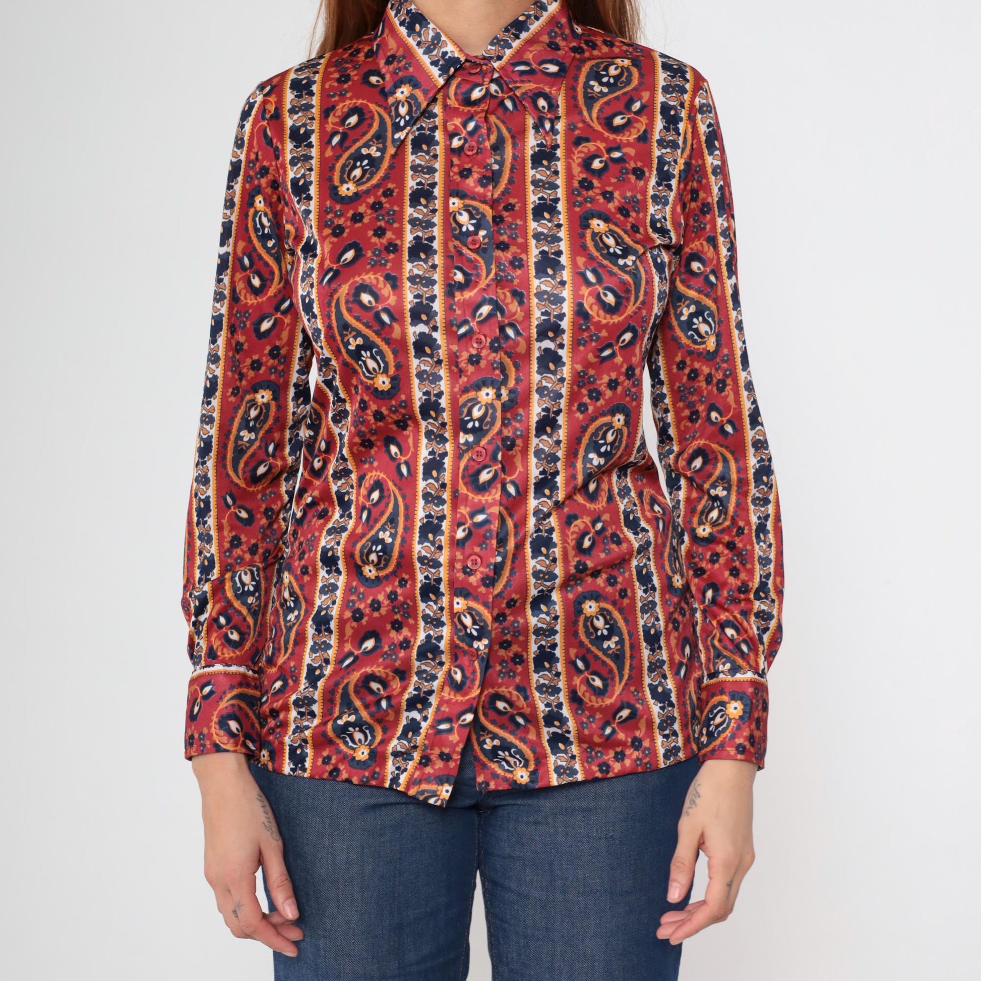 70s Paisley Dagger Collar Blouse Rust Red Button Up Long Sleeve Medium