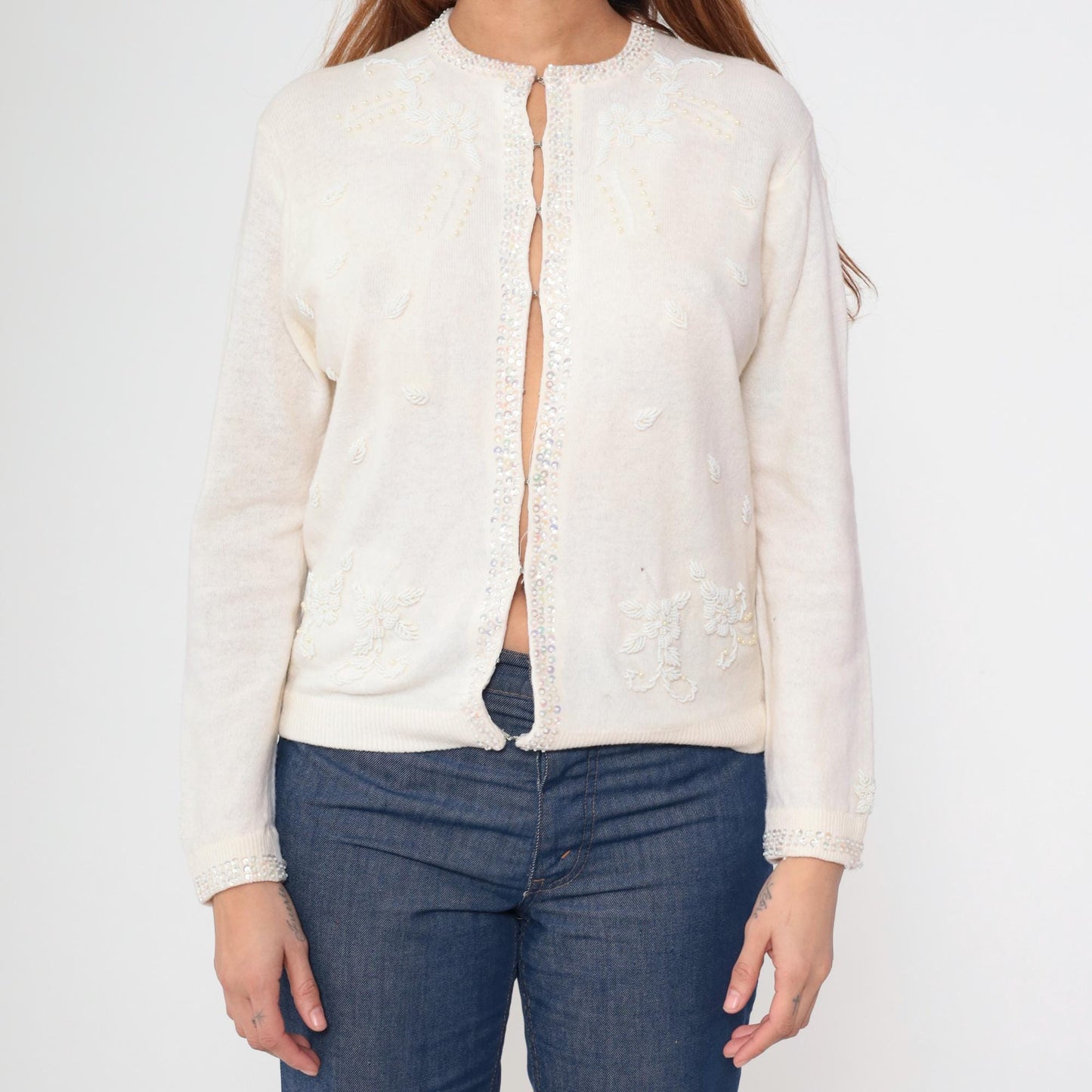 70s Cream Wool Cardigan Floral Beaded Pearl Button Sweater Small