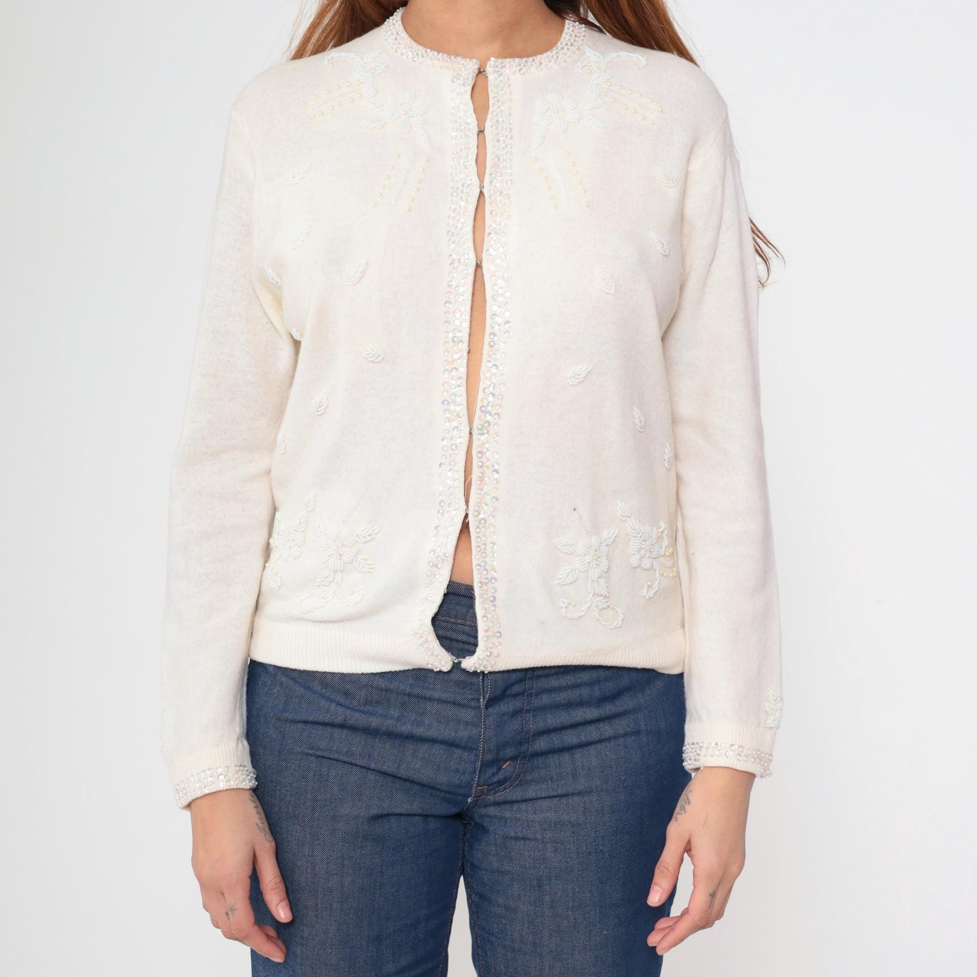 70s Cream Wool Cardigan Floral Beaded Pearl Button Sweater Small