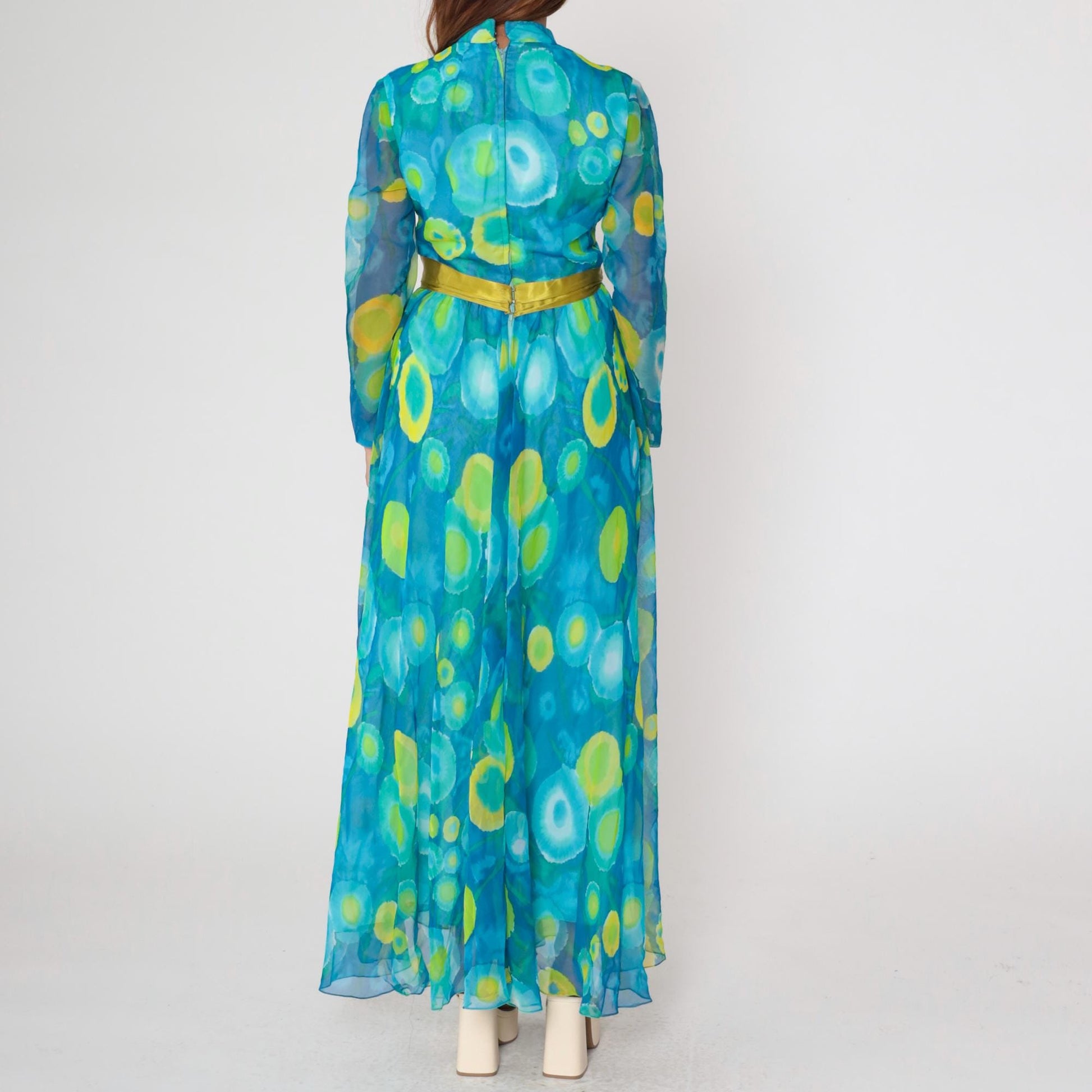 70s Maxi Dress Blue Green Psychedelic Print Sheer Collared Long Sleeve Medium