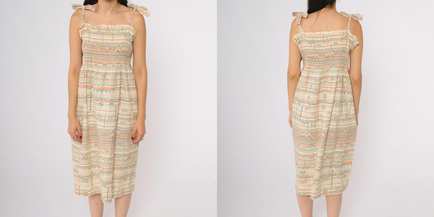 70s Cream Aztec Geometric Midi Dress Tie Shoulder Smocked Cotton Medium Large