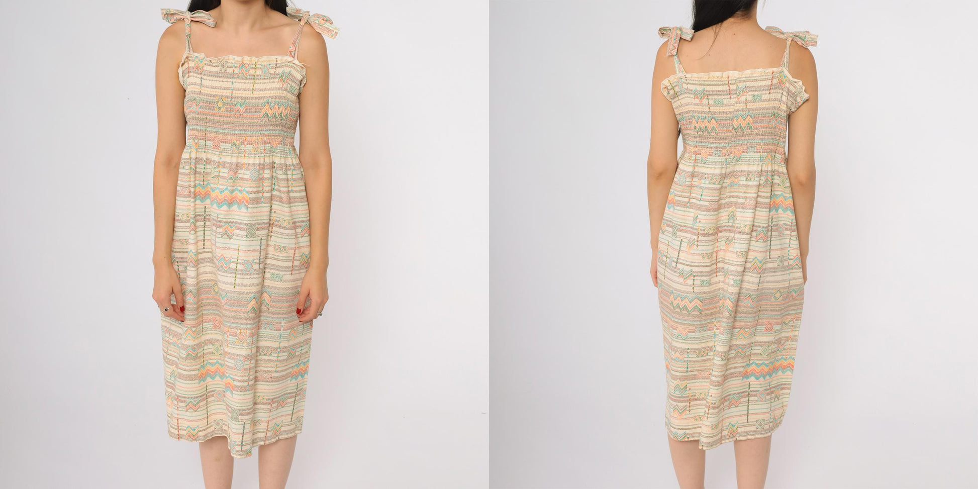70s Cream Aztec Geometric Midi Dress Tie Shoulder Smocked Cotton Medium Large