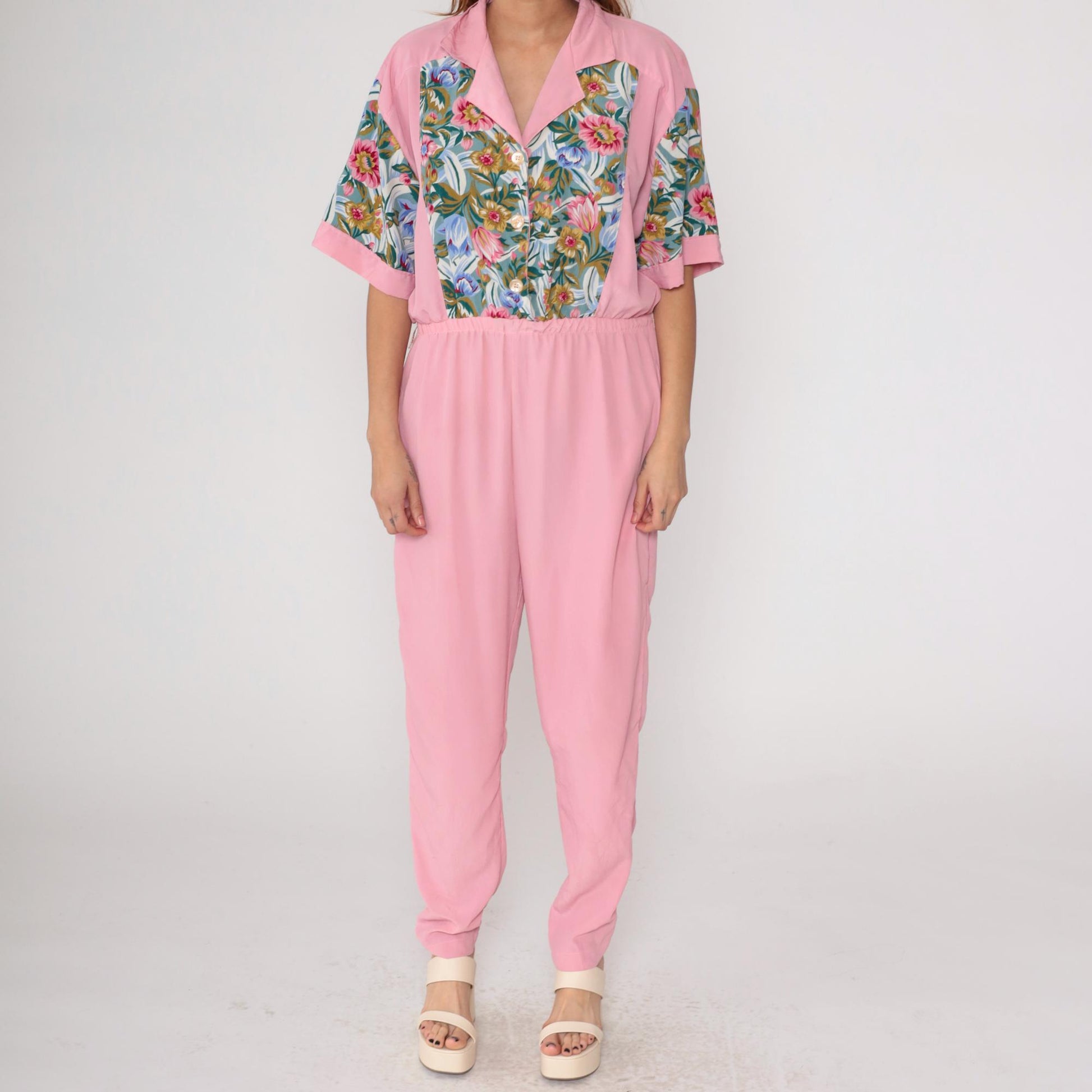 90s Pink Floral Jumpsuit Adolfo II Button Up Collared Tapered Medium