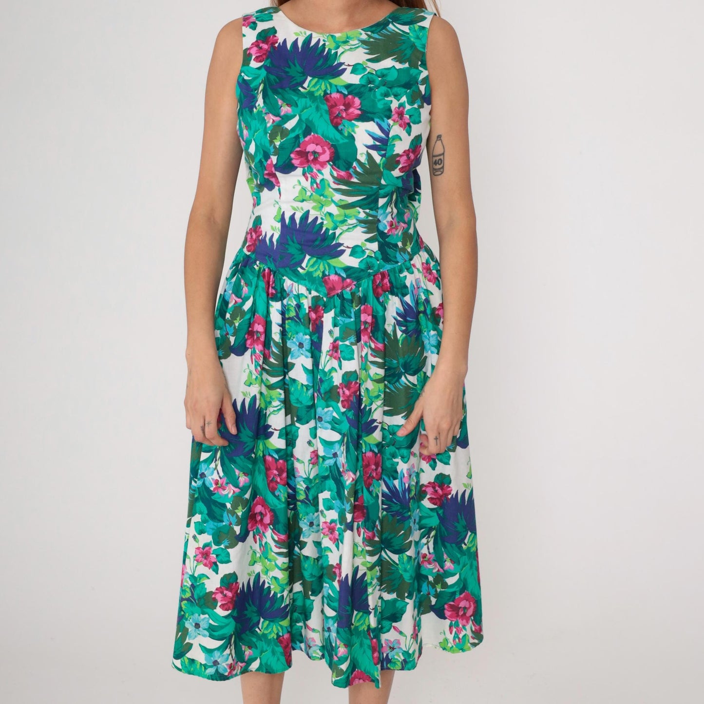 80s All That Jazz Tropical Floral Midi Dress Green Pink Open Back Small