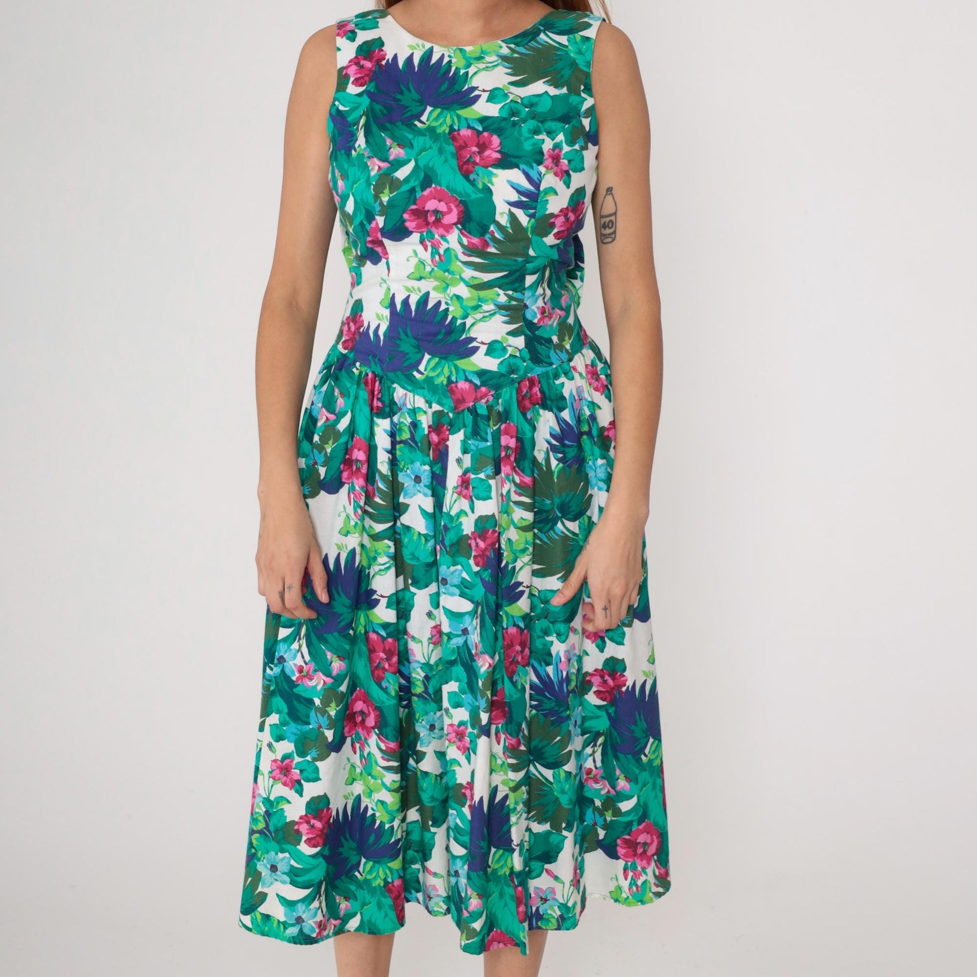 80s All That Jazz Tropical Floral Midi Dress Green Pink Open Back Small