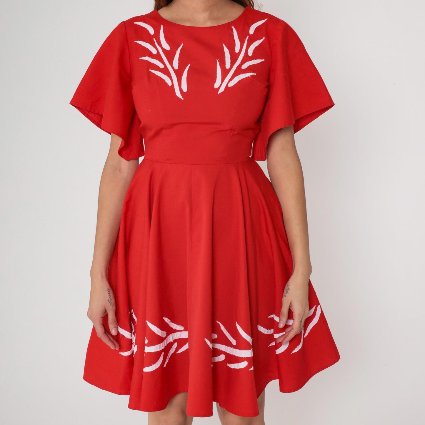 60s Red Mini Dress White Embroidery Flutter Sleeve Fit Flare Cotton Small